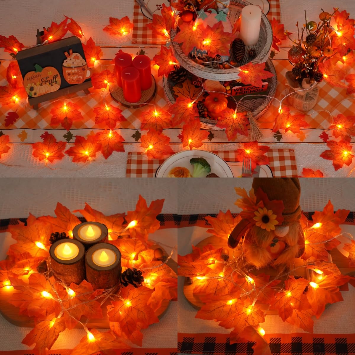 Yeguo 4 Pack Thanksgiving Decorations - 40Ft 80 Led Battery Operated Fall Garland, Orange