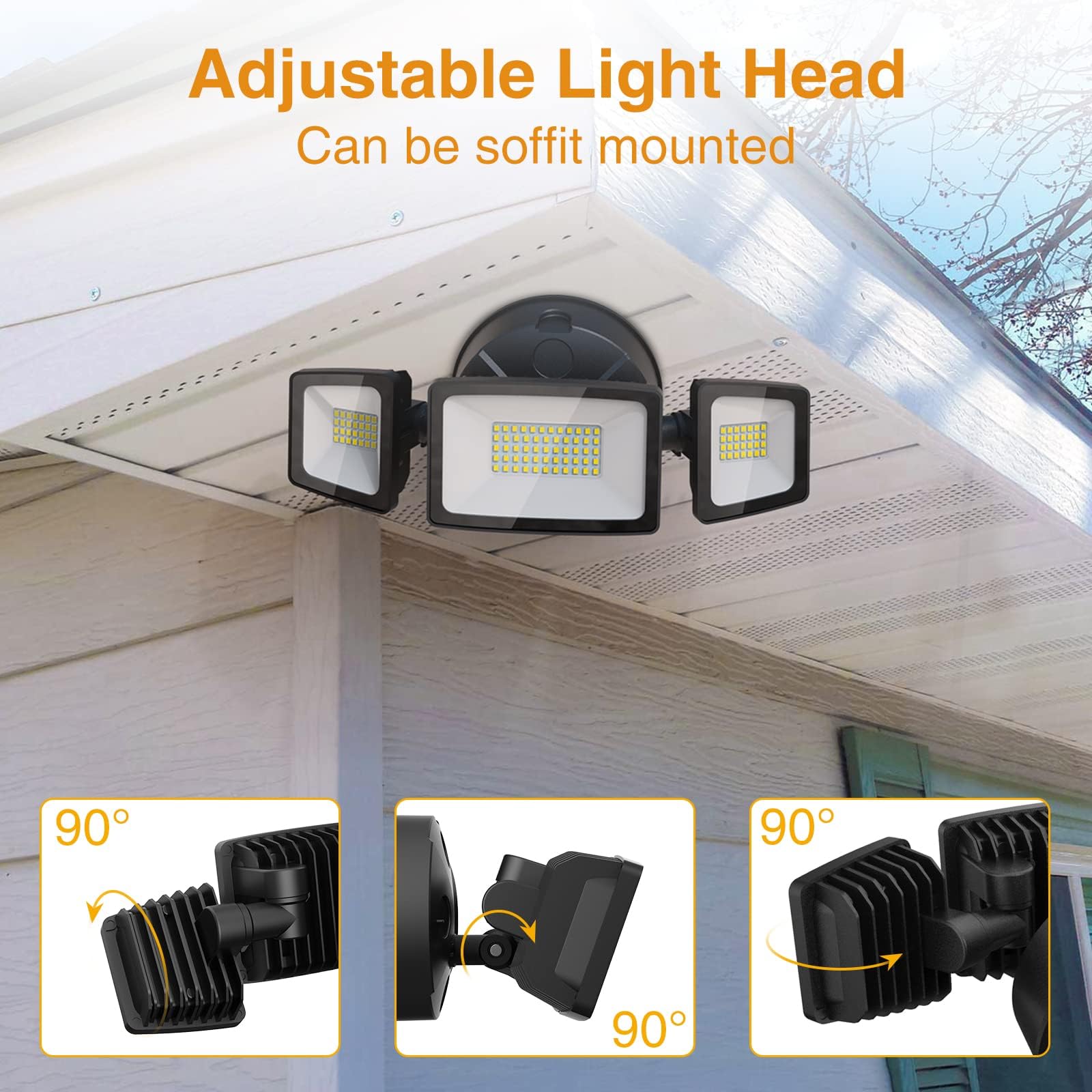 Onforu 60W LED Flood Lights Outdoor, 6000LM, IP65 Waterproof, 3 Adjustable Heads, Black, Model BDB60-3