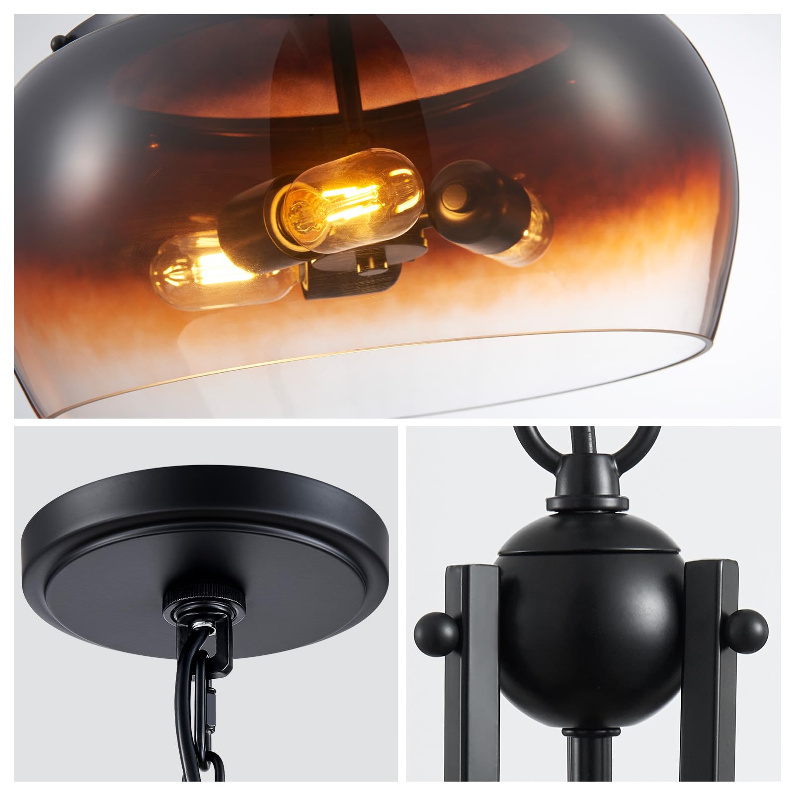 WUZUPS Chandelier Pendant Light Fixture, 3-Light, Amber Gradient Black Glass Shade, H 20.9in W 15.9in, Model USHD30308CO