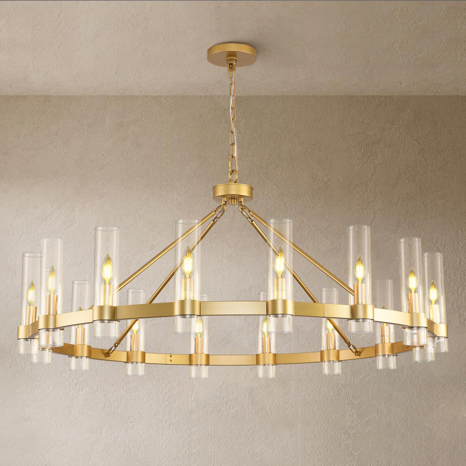 Gold Wagon Wheel Chandelier, 48 Inch Chandeliers With Glass Shade, 16 Light Chandelier For High Ceiling, Modern Farmhouse Chande