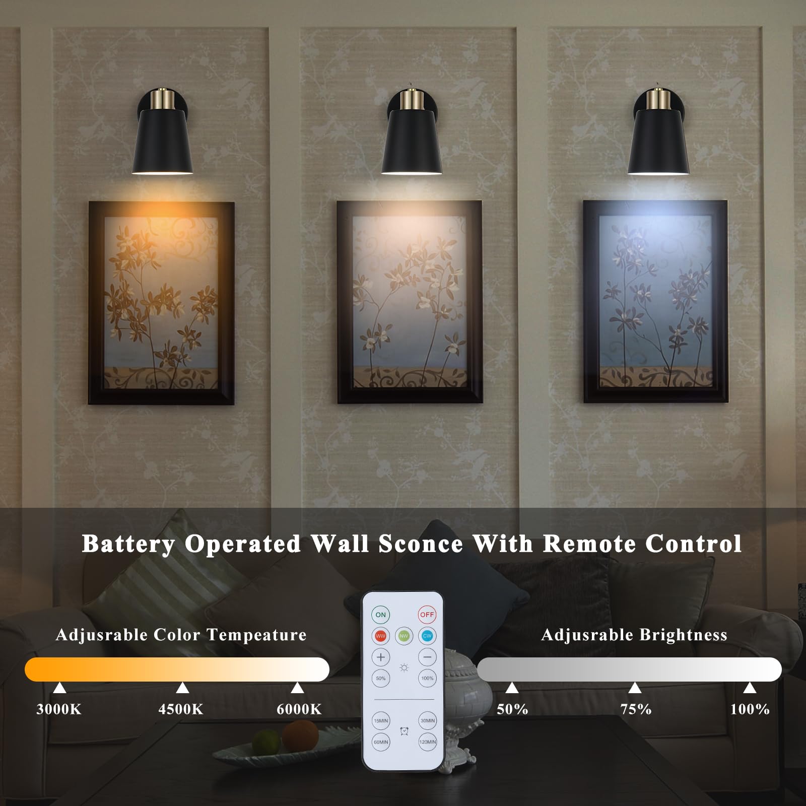 Hotran Battery Operated Wall Sconce Set Of Two, Black And Gold Modern With Remote Control Dimmable Wall Lighting Indoor, Not Har