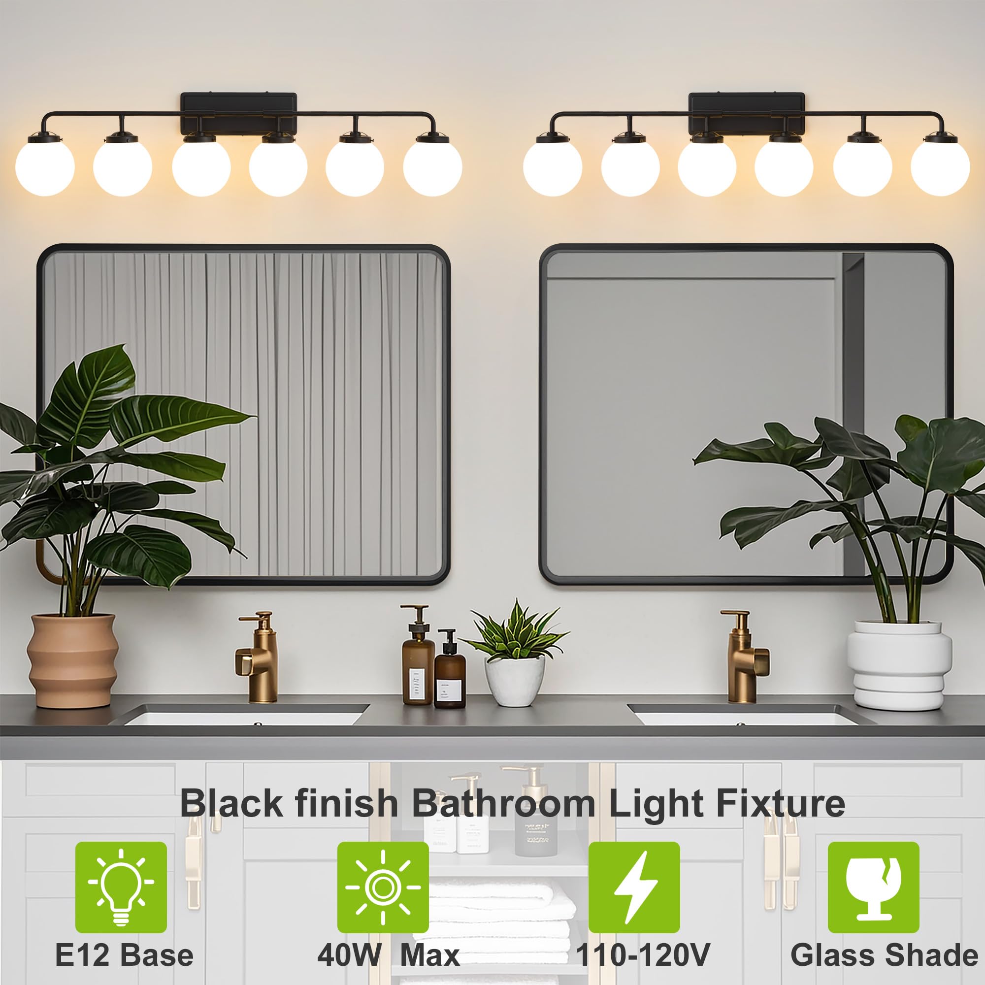 Deyidn 6-Light Matte Black Bathroom Light Fixture Over Mirror with Mil ...
