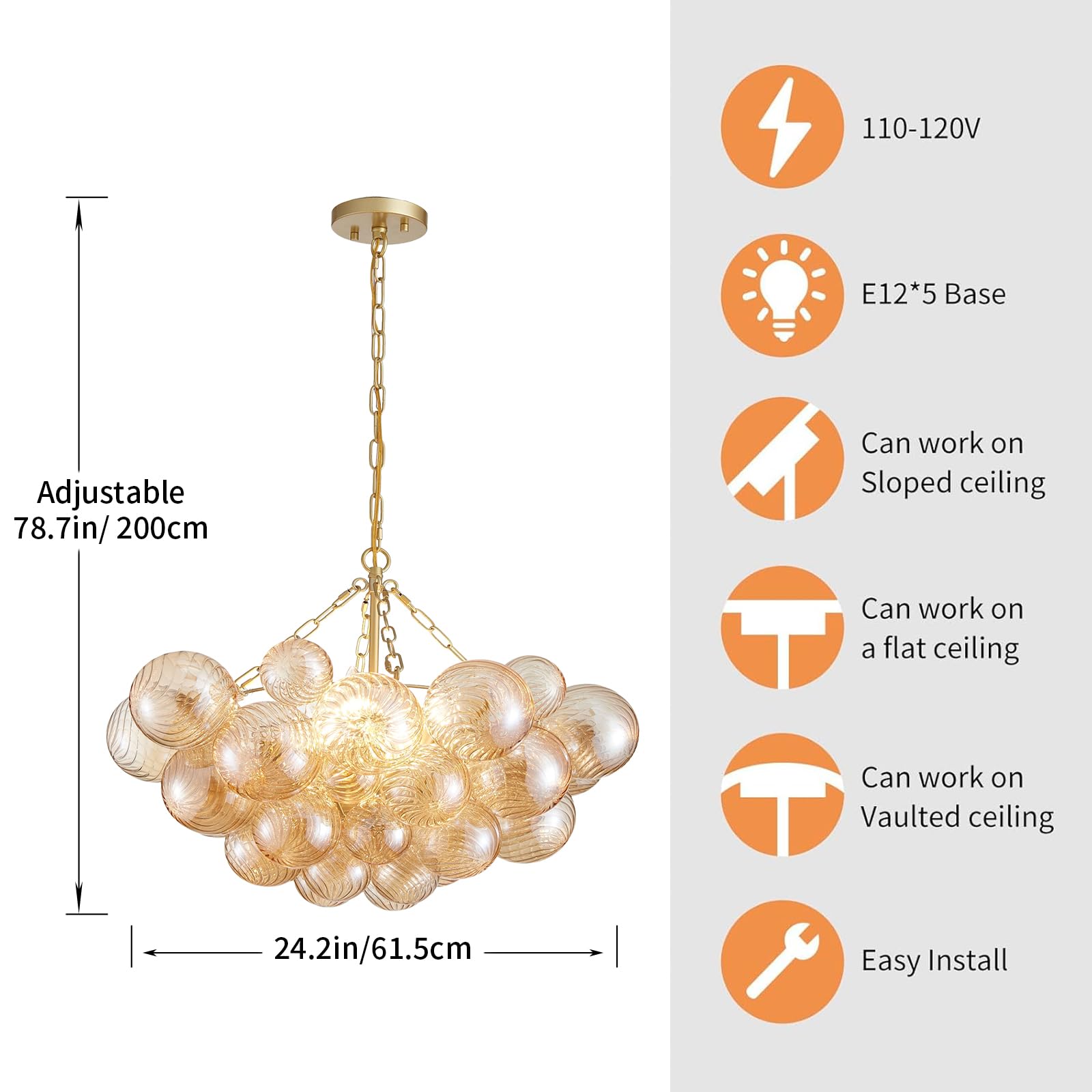 SM Saint Mossi 5-Light Bubble Ball Glass Chandelier, Amber Glass with Gold Frame, Modern Dining Room Lighting, Model SM-DY-24017