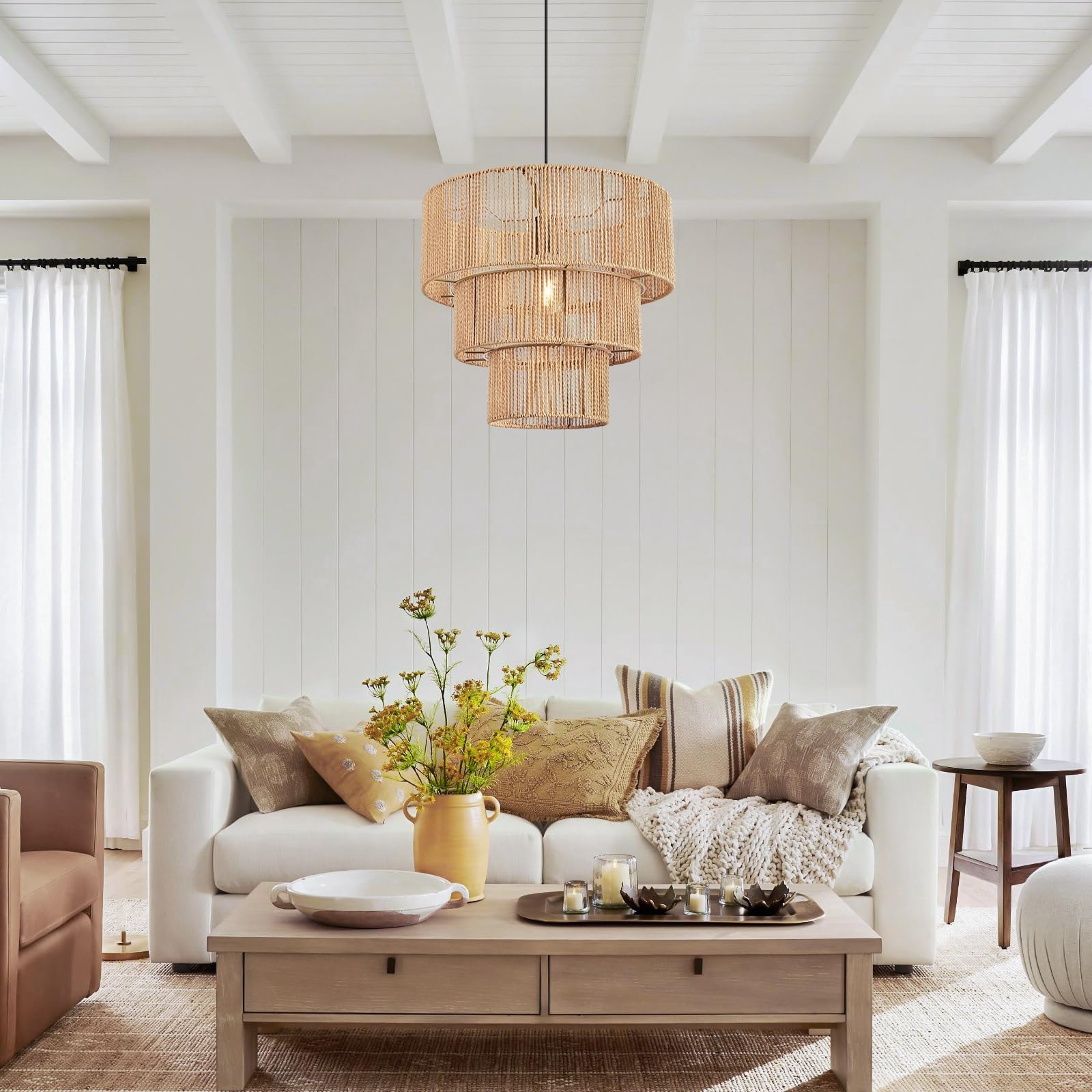 Foucasal Boho 3-Tier Rattan Pendant Light Chandelier For Kitchen & Dining Room, Brown