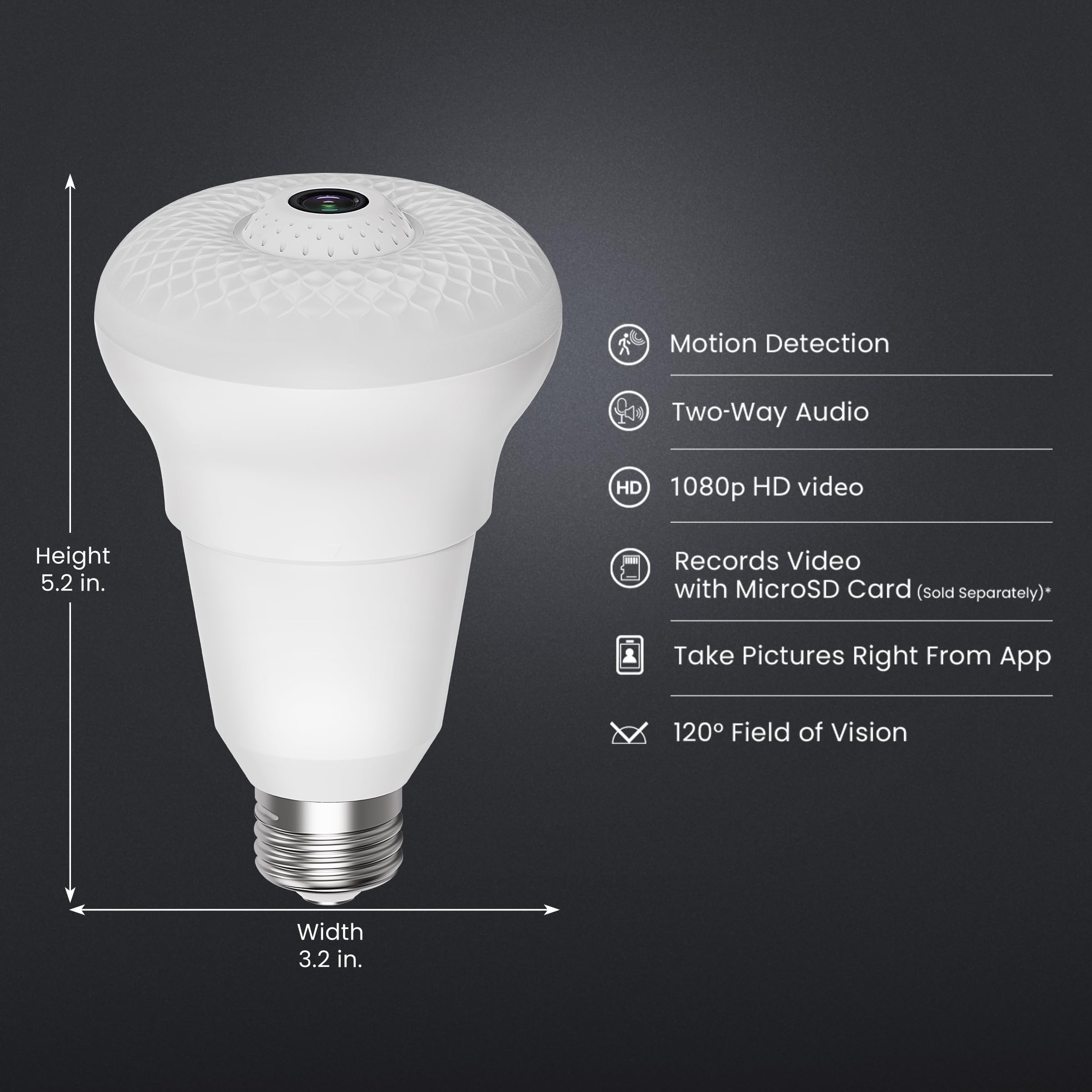Feit Electric Smart Rotating Light Bulb with Camera, Motion Sensor, 40W Equivalent, E26 Base, 5000K Daylight, White, A450/850/CAMWIFI