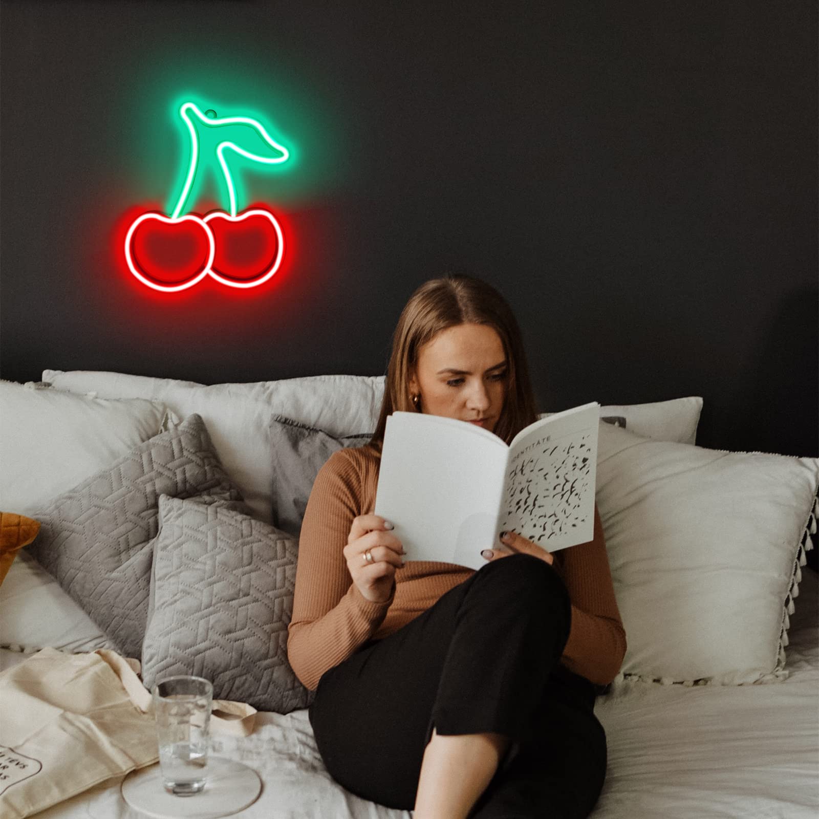 BerniceKelly Cherry Neon Sign - Red Green Cherries LED Wall Decor, 22.5inx7.5in, Cute Fruits for Kids Room, Restaurant, Bar, Home