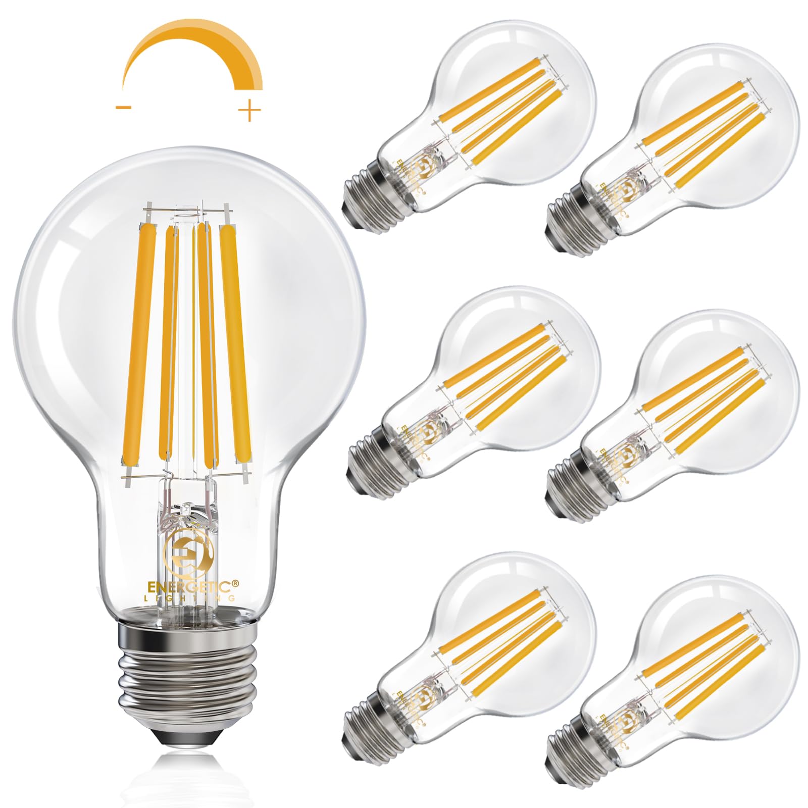 E ENERGETIC LIGHTING A19 LED Filament Bulb 12W Equivalent 100W 1600LM 2700K Soft White Glass 6-Pack
