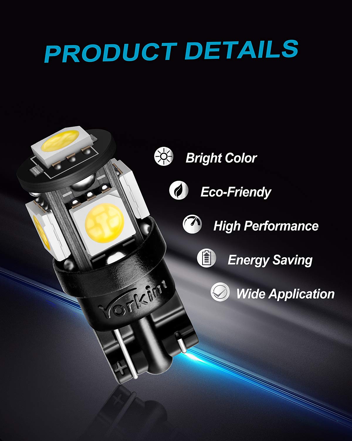 Yorkim T10 194 LED Bulbs, Super Bright 6000K, White, Pack of 10, Model AYJ1002493*10, Ideal for Car Interior Lights