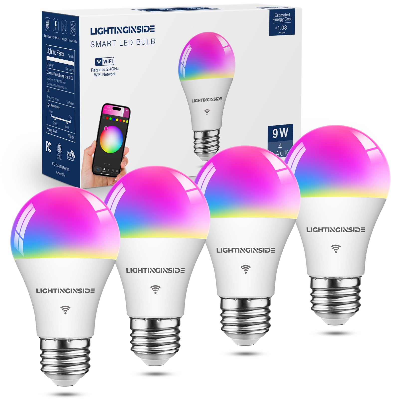 Lightinginside Smart Light Bulbs, WiFi Compatible with Alexa/Google Assistant, A19 E26, 800LM, 9W, 4 Count, Color Changing, ETL Listed