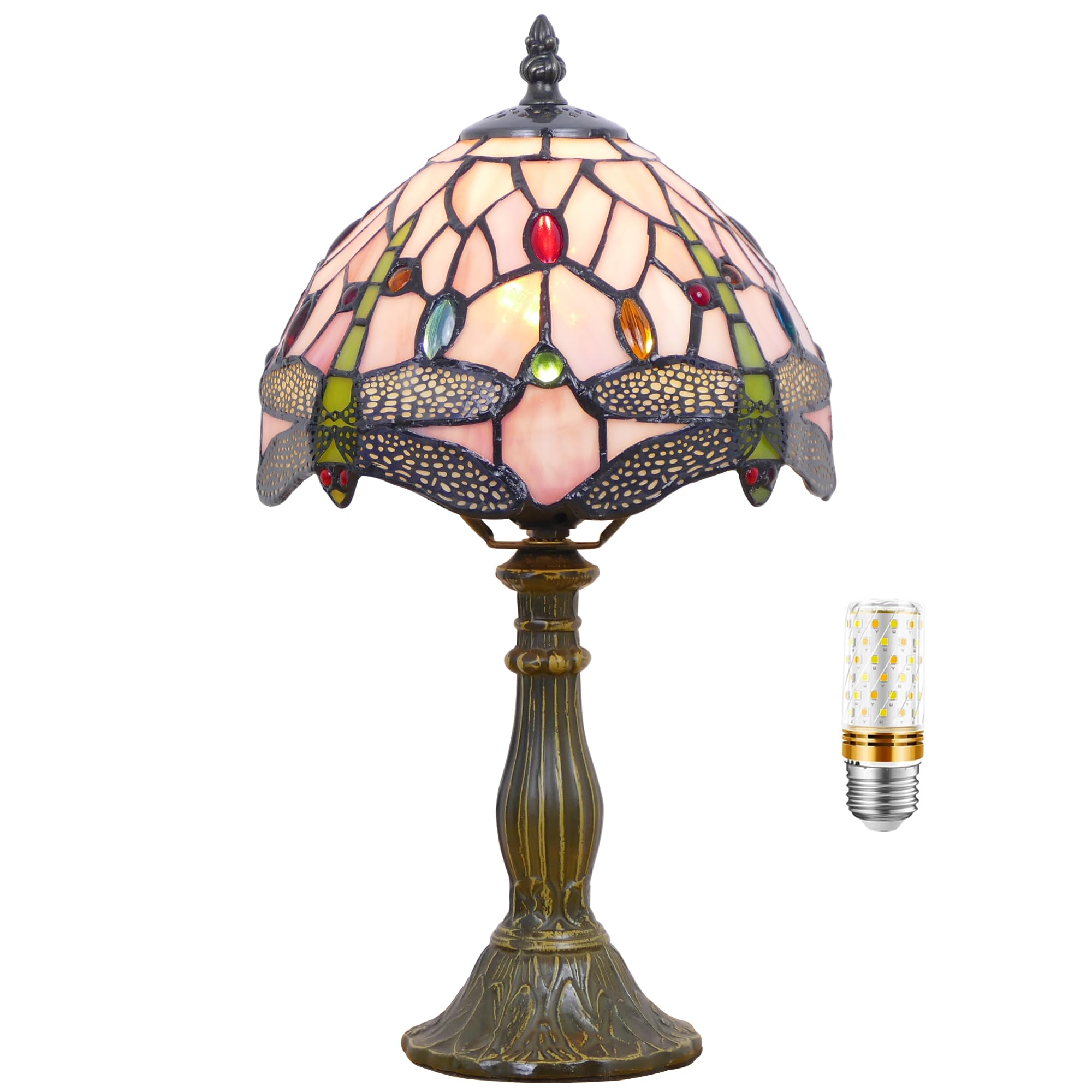 WFAYNTIFL Small Tiffany Lamp Mini Stained Glass Table Lamp Bedside Accent Lamp Memory Sympathy 8X14.5 Inch (Pink Dragonfly)