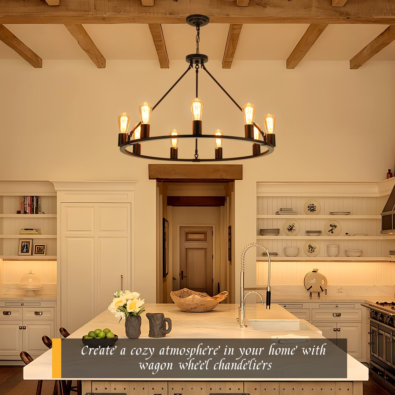 Senyshilon Black Wagon Wheel Chandelier, 9-Light Rustic Farmhouse Lighting For Dining Room