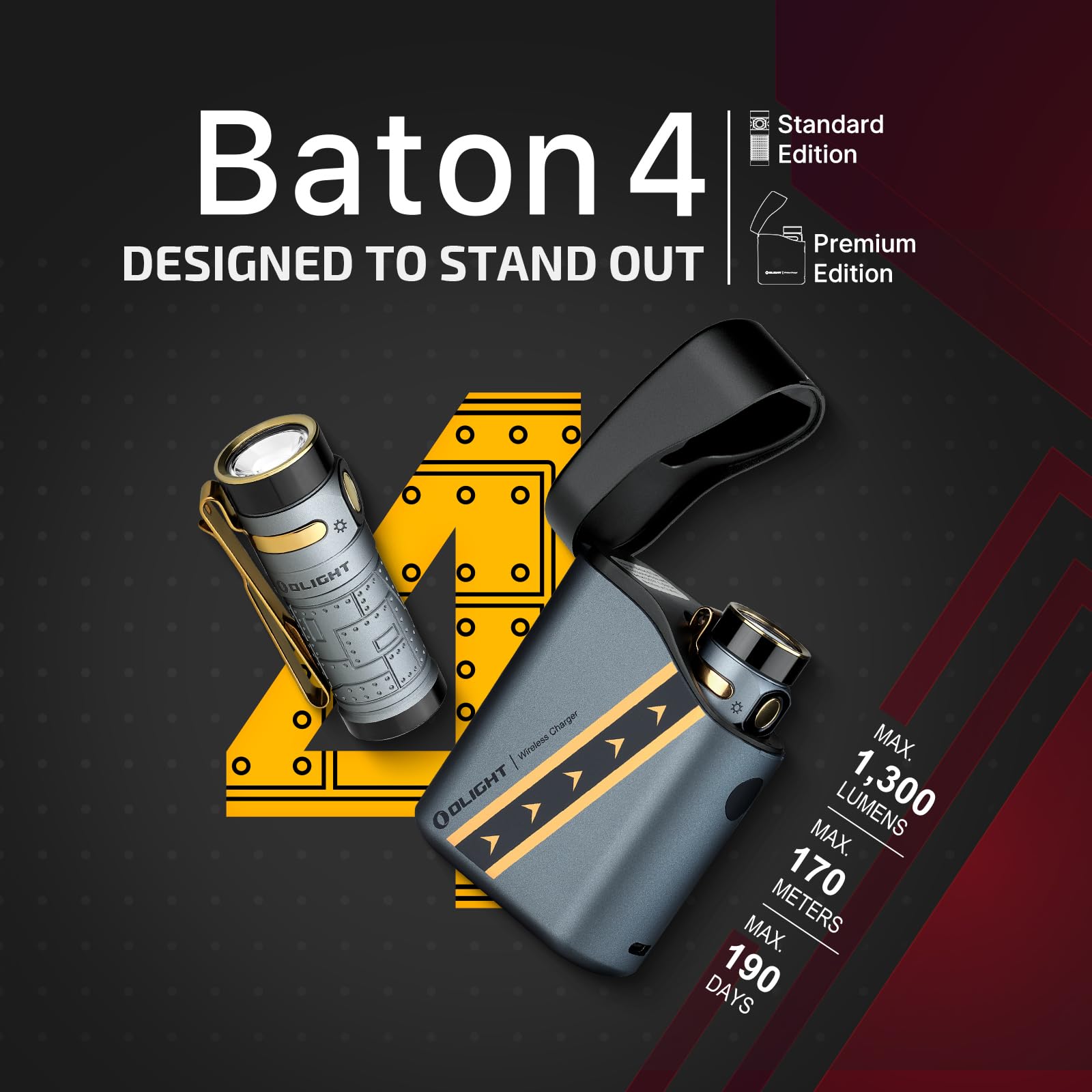 Olight Baton4 Premium Edition Edc Flashlight 1300 Lumens With Type-C Charging Case, Powered By Rechargeable Battery, Small Led L