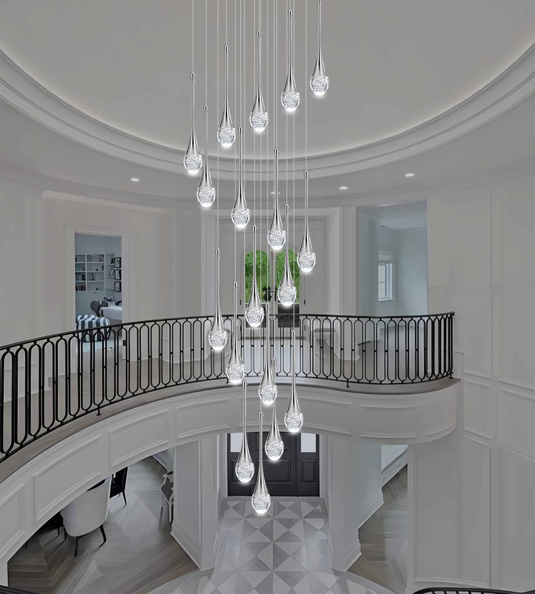 Upfelw Modern Crystal Staircase Chandelier Polished Chrome 18-Lights  H118 Large High Ceiling Spiral Dimmable Led Raindrop Foyer Entryway Light Fixture Remote Control