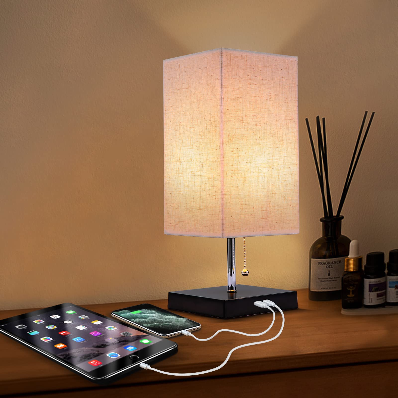 Siljoy Modern Table Lamp with Beige Fabric Lampshade, Pull Chain Switch, 2 USB Ports, Black Wooden Base, L-Square