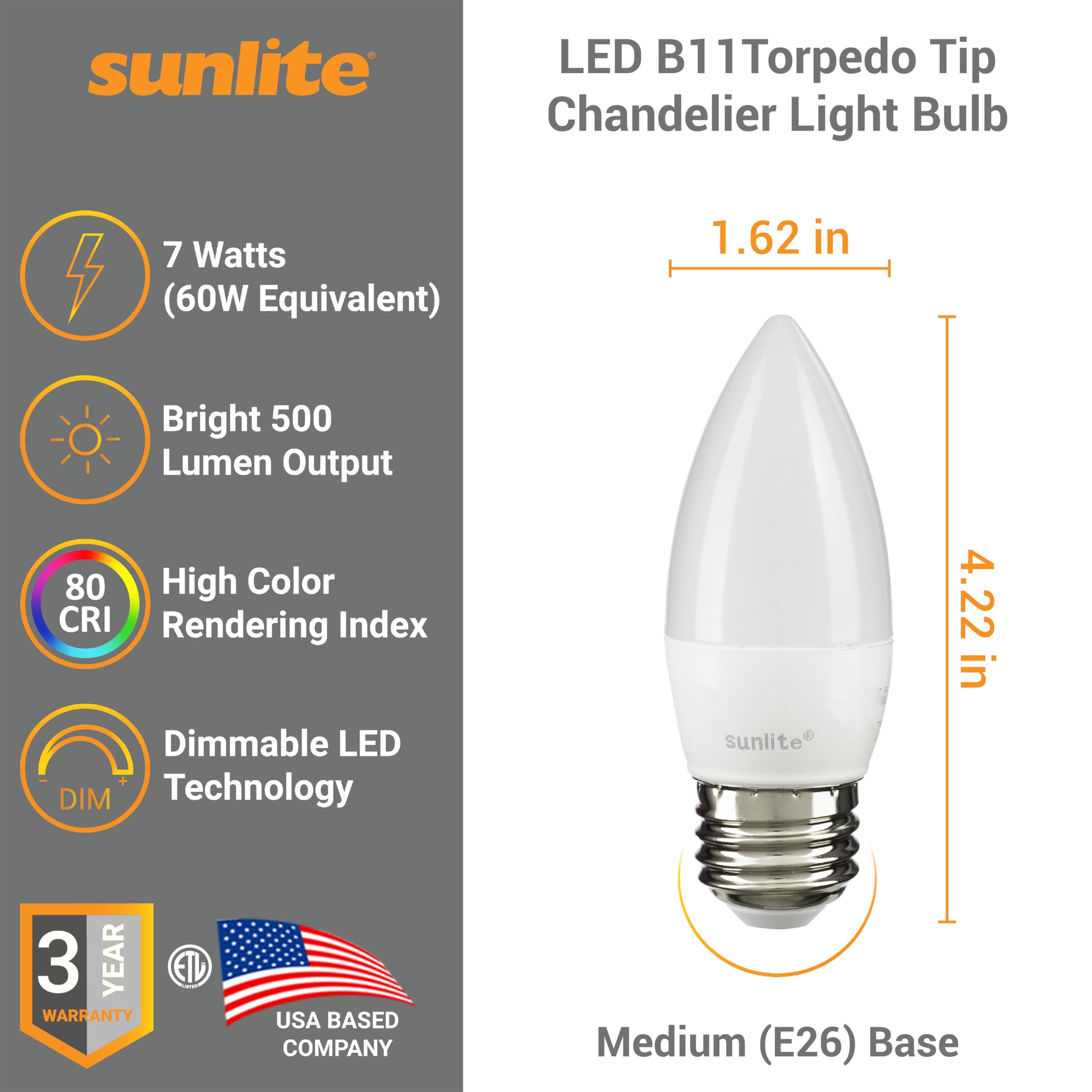 Sunlite 41380-Su Led Torpedo Tip B11 Chandelier Light Bulb, 7 Watts (60W Equivalent), 500 Lumens, Medium Base (E26), Dimmable, 27K - Warm White, 6 Pack, Frost