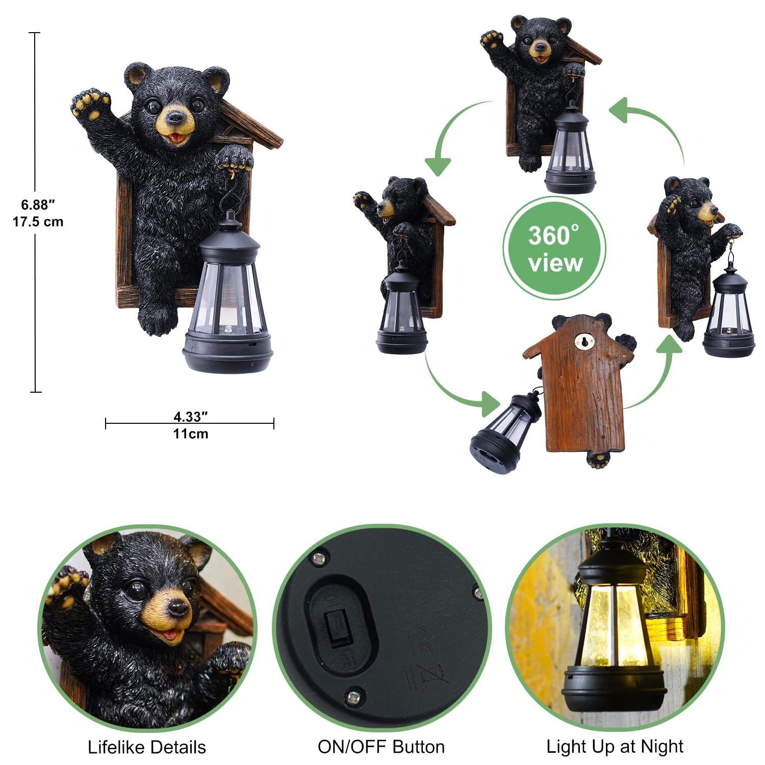 Black Bear Decor With Solar Lantern Tree Hugger - 7 Inch Bear Statue Outdoor Garden Yard Decor,Best Bear Garden Gifts For Mom,Wo
