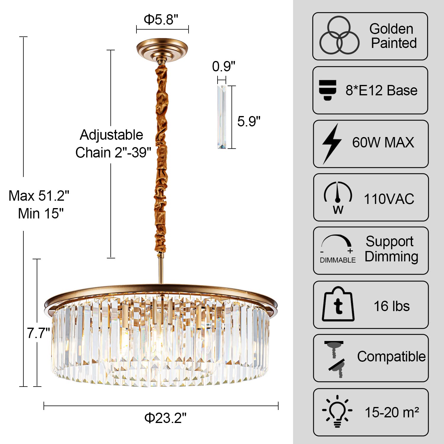 lighceac 23" 8-Light Modern Crystal Chandelier - Gold Metal, 2-Rings, Ideal for Dining Room, Living Room, Kitchen, Bedroom