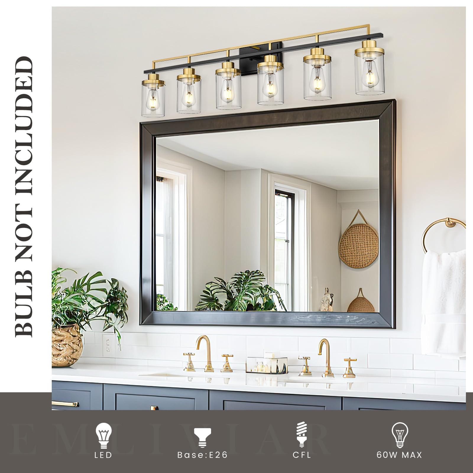 Emliviar 6-Light Farmhouse Wall Sconces, Black & Gold Metal Bathroom Lighting, Model YCE238B-6W BK+BG