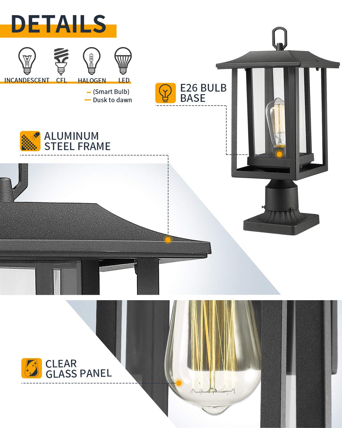 Beionxii Outdoor Post Lights - Large Black Aluminum Lamp Fixture With Clear Glass, Model A197P-2Pk, Post Mount, Extra Large (19 X 9)