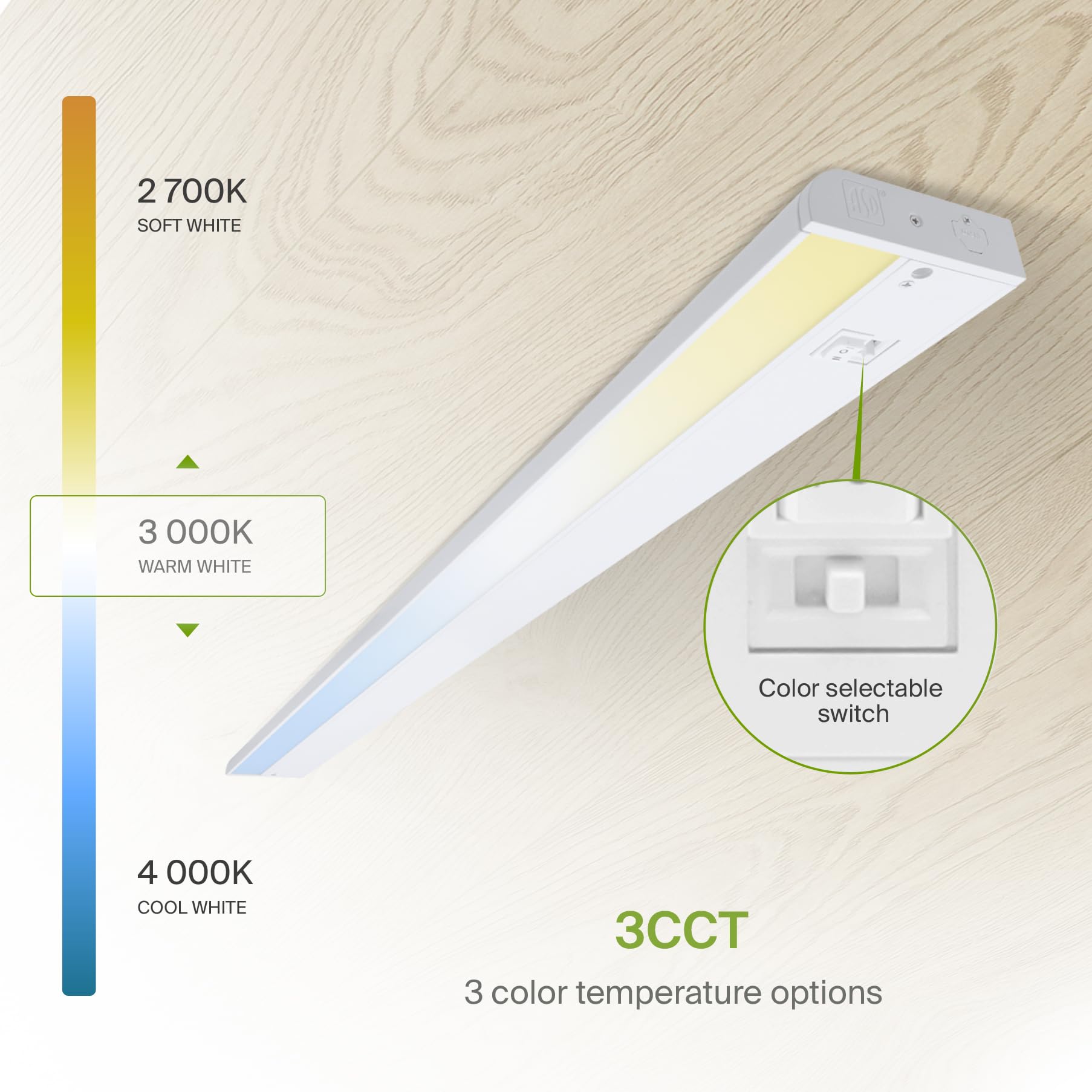 Asd Led Under Cabinet Lighting 32 Inch, Dimmable, Hardwired/Plug-In, 3 Color Levels, Aluminum, White Finish, Model Asd-Ucl-32D16Cc-Wh