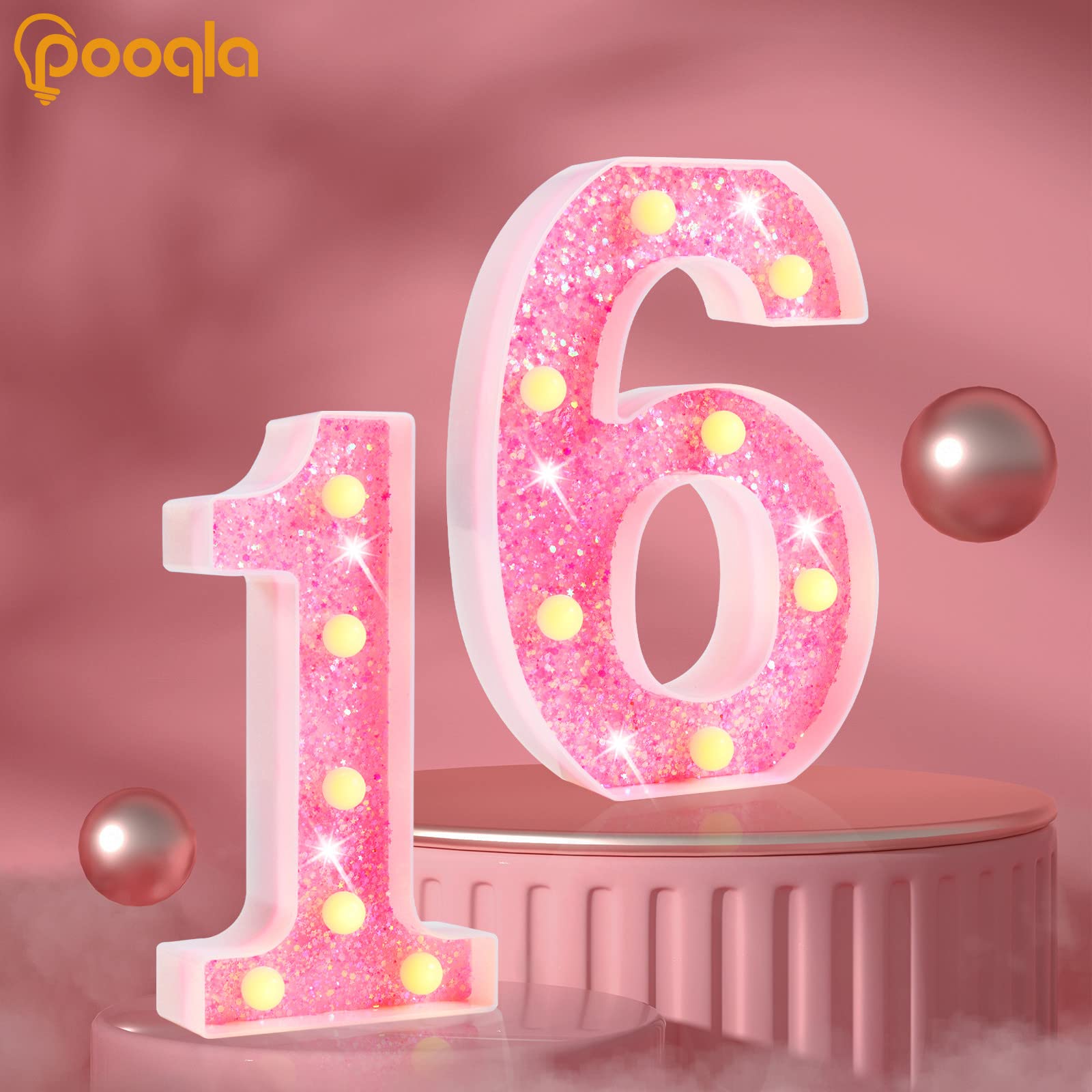 Pooqla Marquee Numbers Lights, Light Up Numbers Battery Powered, Glitter Lighted Numbers For Birthday Party, Shiny Led Numbers For Christmas Wedding Home Bar Decoration, Pink Number 2