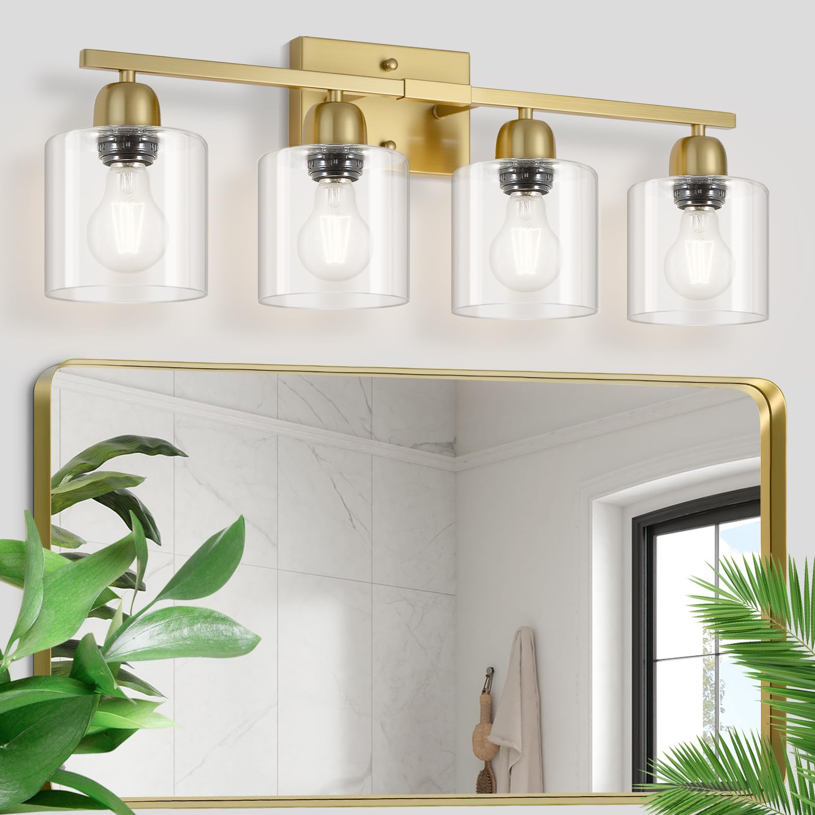 FAISHILAN Modern Brushed Gold 4 Light Bathroom Light Fixtures  24 inch Vanity Lights for Bathroom with Clear Glass  Bathroom Vanity Light for Mirror Kitchen Living Room Hallway Cabinet Porch