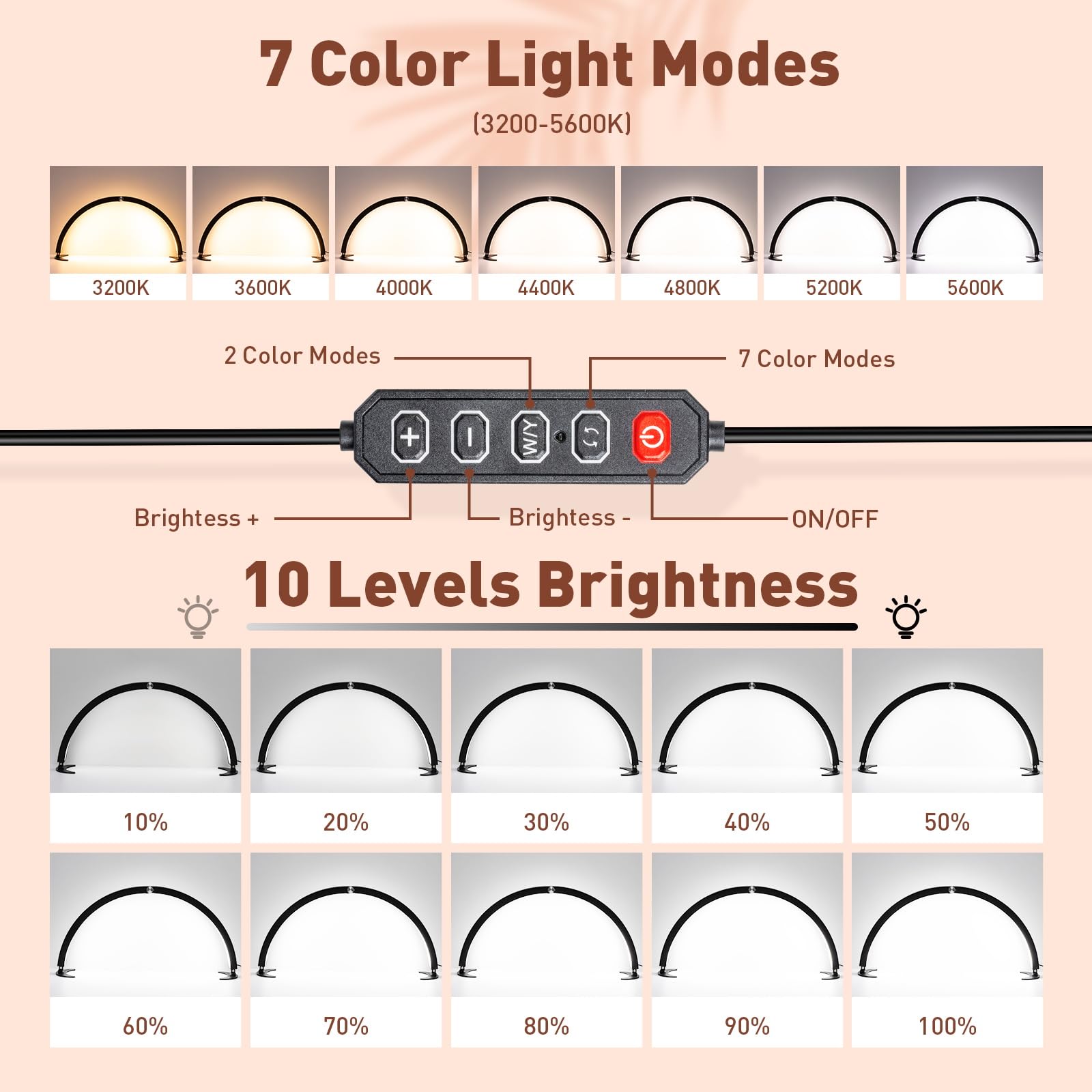 HITTI Large Half Moon Nail Desk Light, Foldable with Phone Holder, 7 Colors, 10 Brightness Levels, Black, Model MJBYL-Black