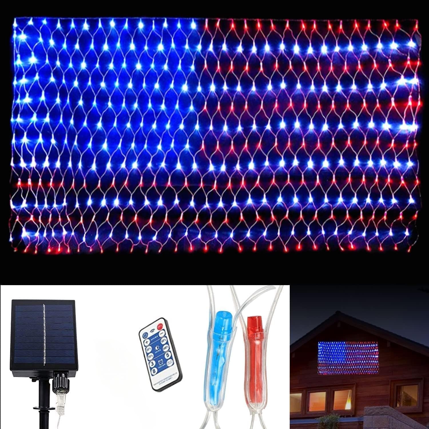 MUYUN American Flag Lights Solar Powered&Plug-in, 420LED Flag Net Light with Remote, 8 Modes Fairy String Light for Christmas De