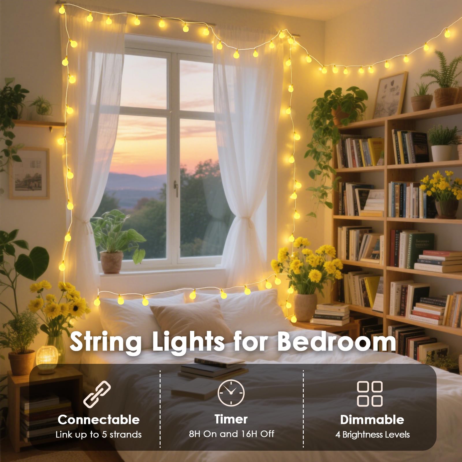 LORRYTE 200 LED Connectable String Lights, Warm White, 66ft with Remote & Timer, Waterproof Globe Twinkle Lights, Model GP-SW290DC0209-IP44