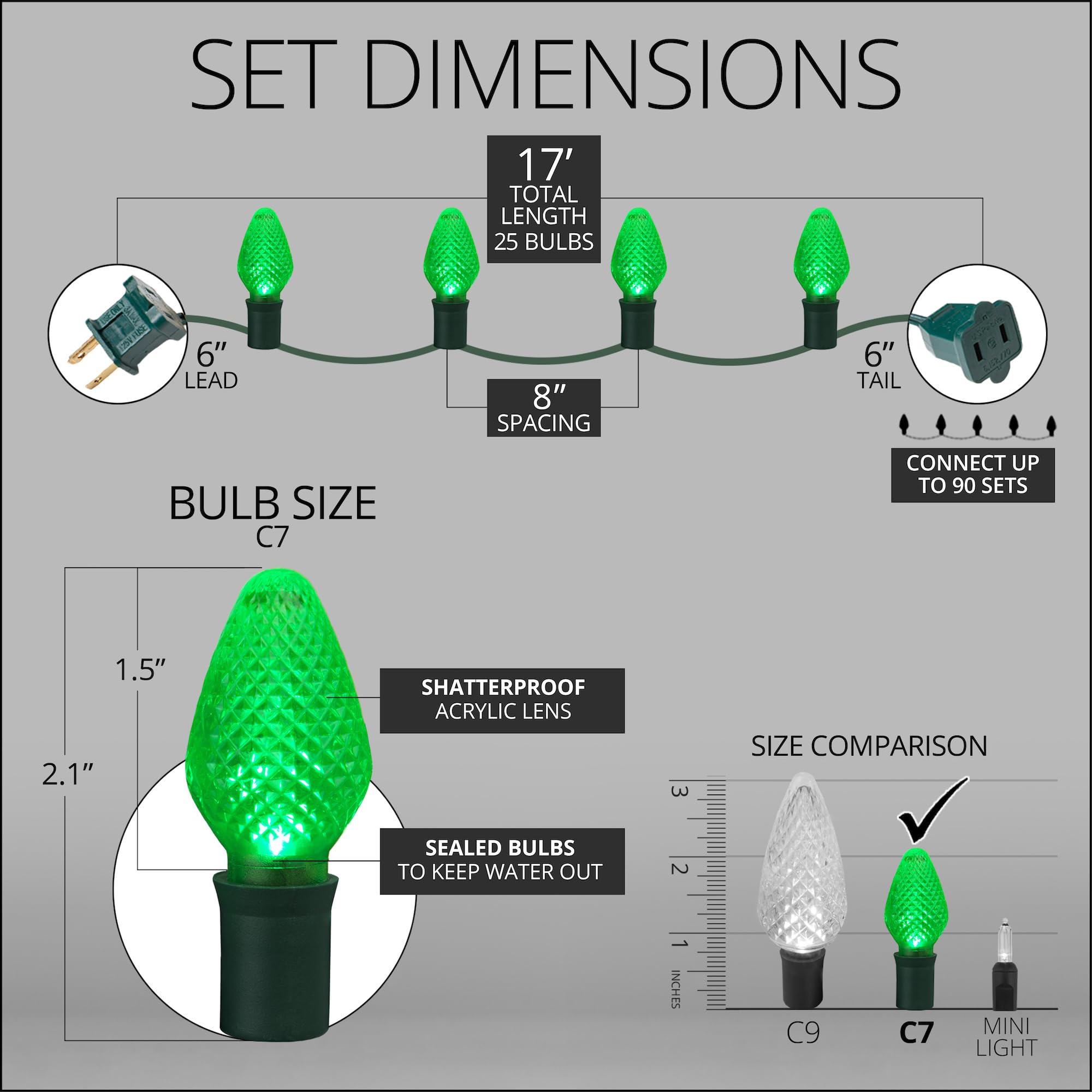 Wintergreen Lighting C7 Green Christmas Lights Set Of 25, 17 Ft, Green Led Christmas Lights St. Patricks Day Lights Halloween Lights Party Led Christmas Lights Outdoor Christmas String Lights