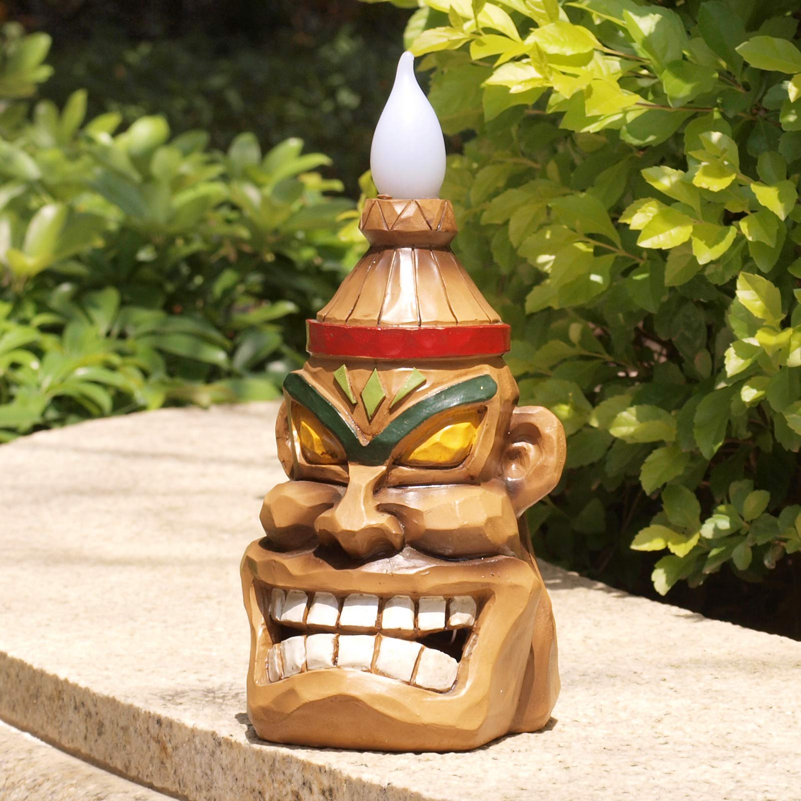 Yiosax Outdoor Solar Tiki Statue Decor - 8.74 Inch Torch Tiki Head for Garden, Patio, Yard - Model CA79440