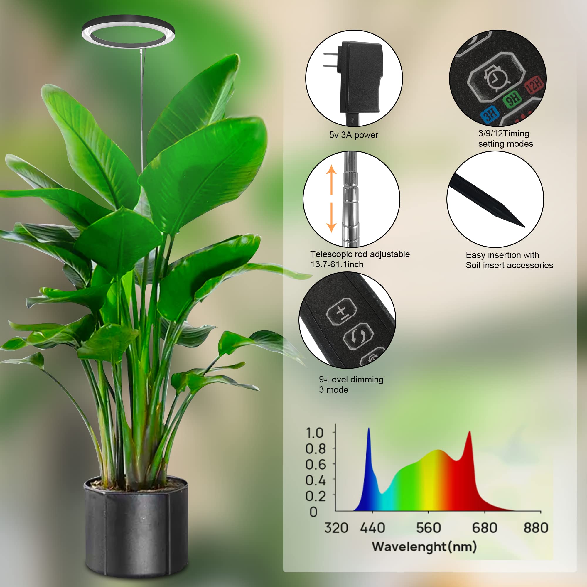10&quot; Grow Lights For Indoor Plants Full Spectrum, Indoor Plant Light For Indoor Growing With 160Leds,Height Adjustable Led Grow Light For Large Plant, Auto On/Off Timer 3/9/12H, 9 Dimmable Brightness