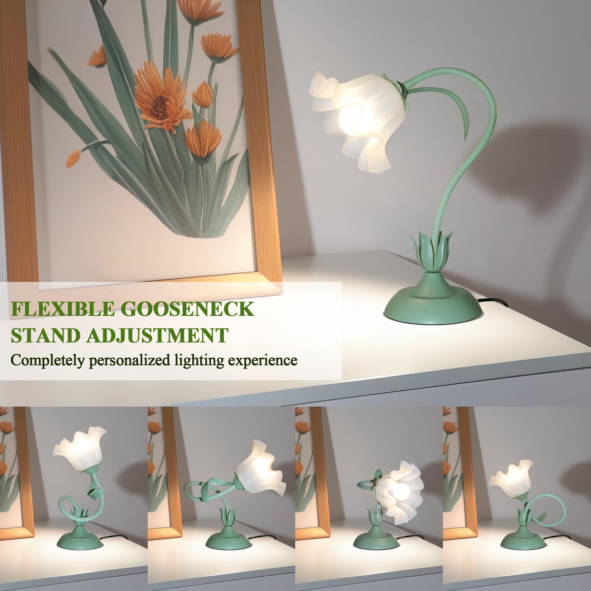 WERFOP Flower Table Lamp, LED Night Light, Vintage Desk Lamp, Medium Size, Metal, Green, Model WTL-R-M
