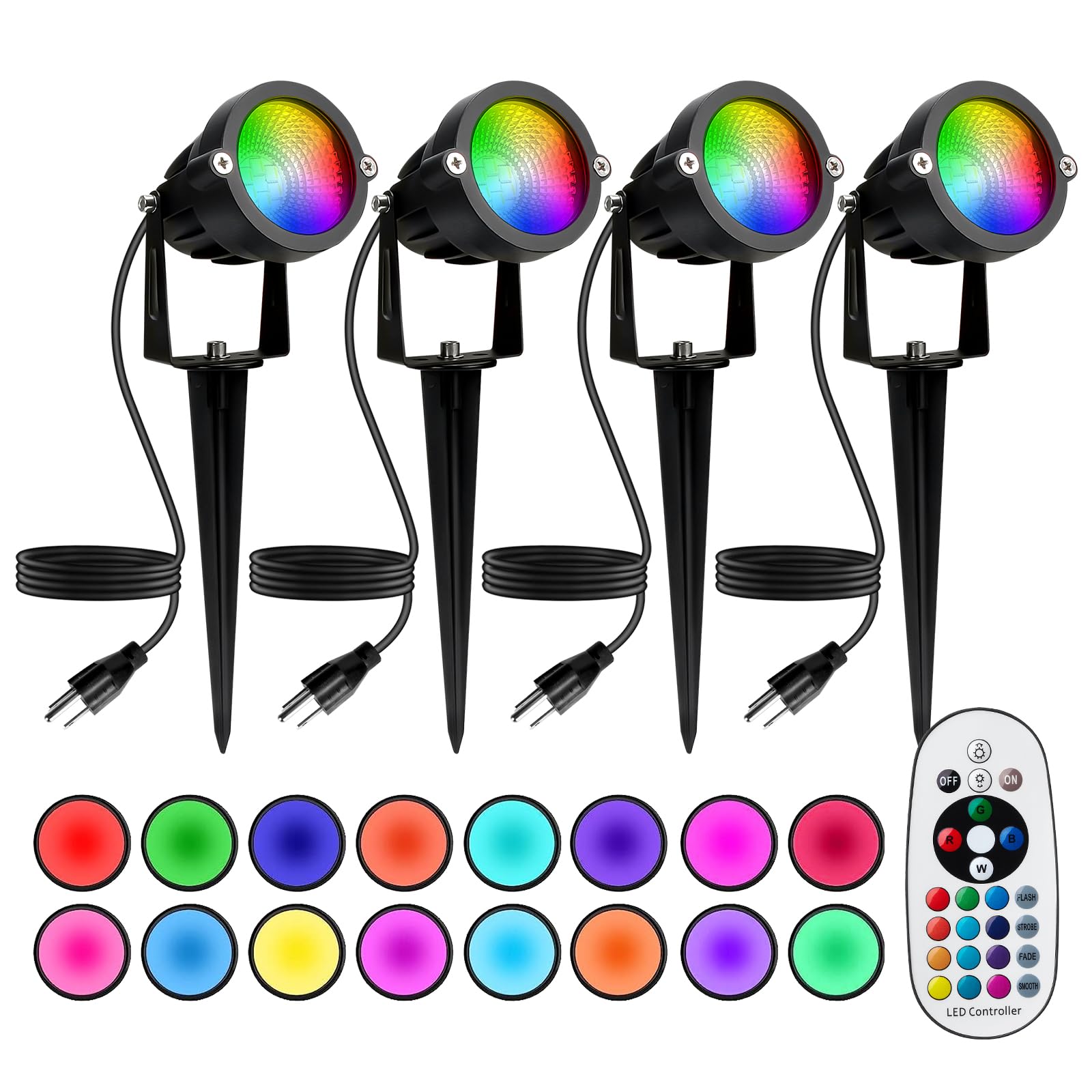Beelinks 12W Rgbw Led Spot Lights - 4 Pack Outdoor Landscape Lighting, Ip65 Waterproof, Remote Control, Rgb & Warm White