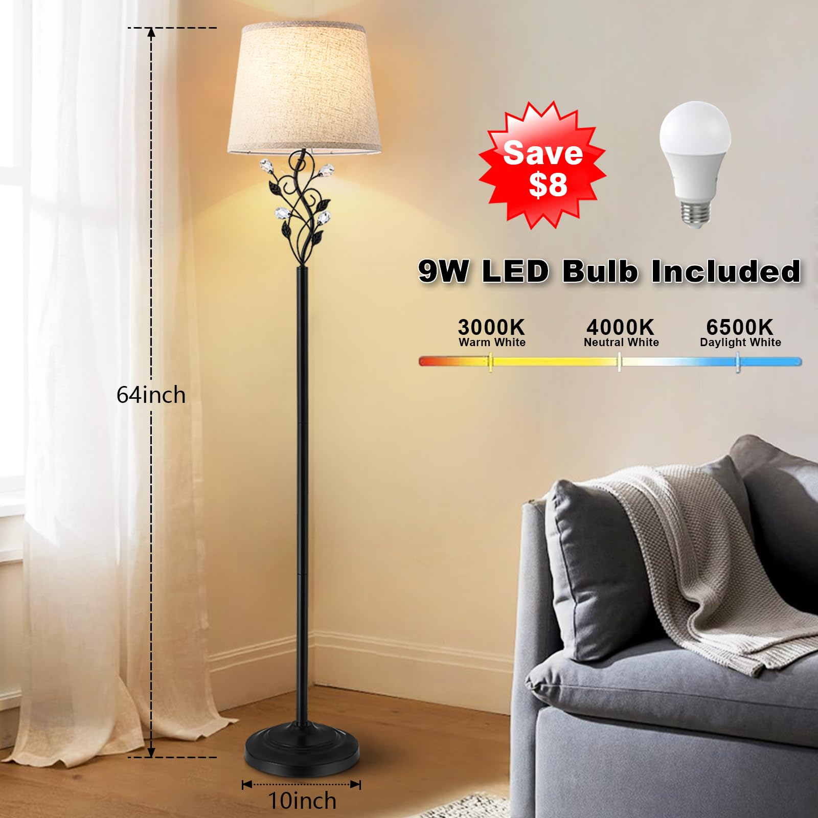Sheeta 65 Floor Lamps For Living Room With 3 Color Temperatures Led Bulb, Standing Lamp Tall Farmhouse Floor Lamp With Rustic Le