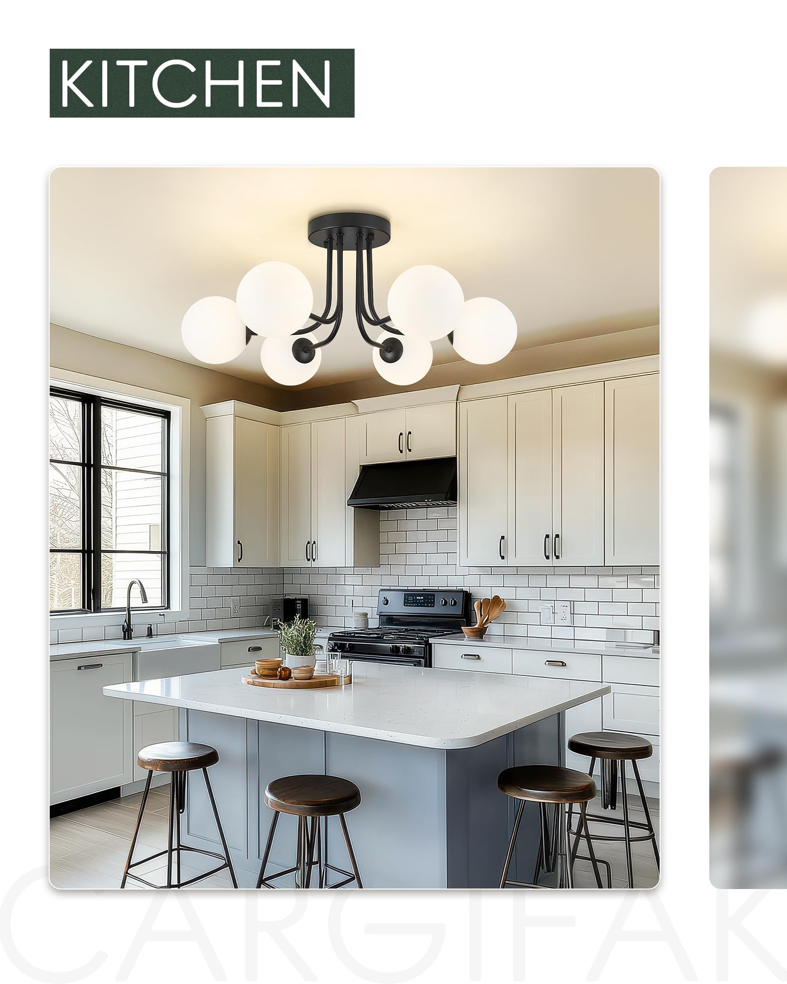 Cargifak Matte Black Semi Flush Mount Ceiling Light In Modern Farmhouse Design Features 6 Frosted Glass Shades, Ideal For The Li