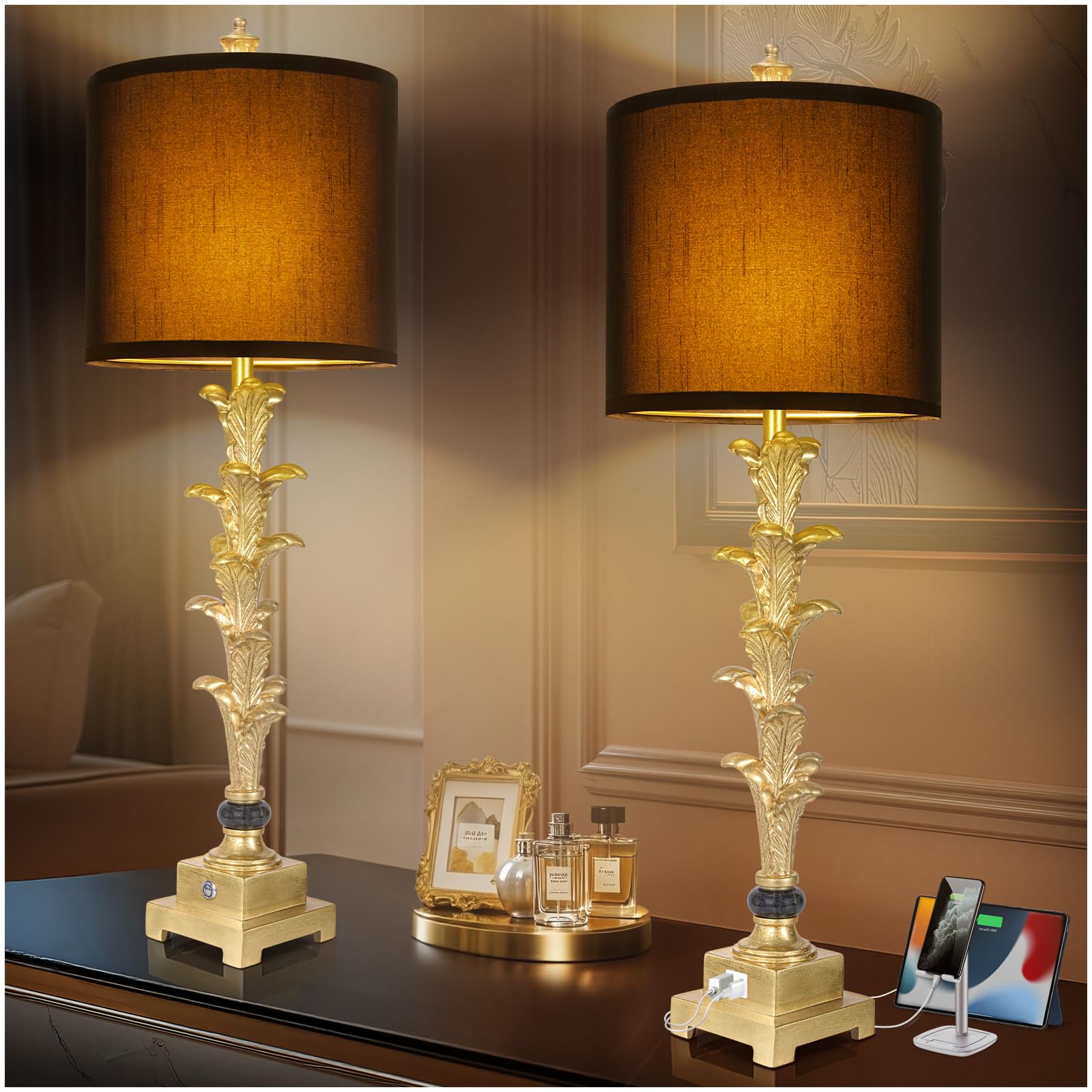 Table Lamps Set of 2 for Living Room  3-Way Dimmable Touch Buffet Lamps with USB A+C Ports  Gold Leaf Finish Bedside Lamps with Black Linen Shades  Modern Nightstand Lamp for Bedroom Office Entryway