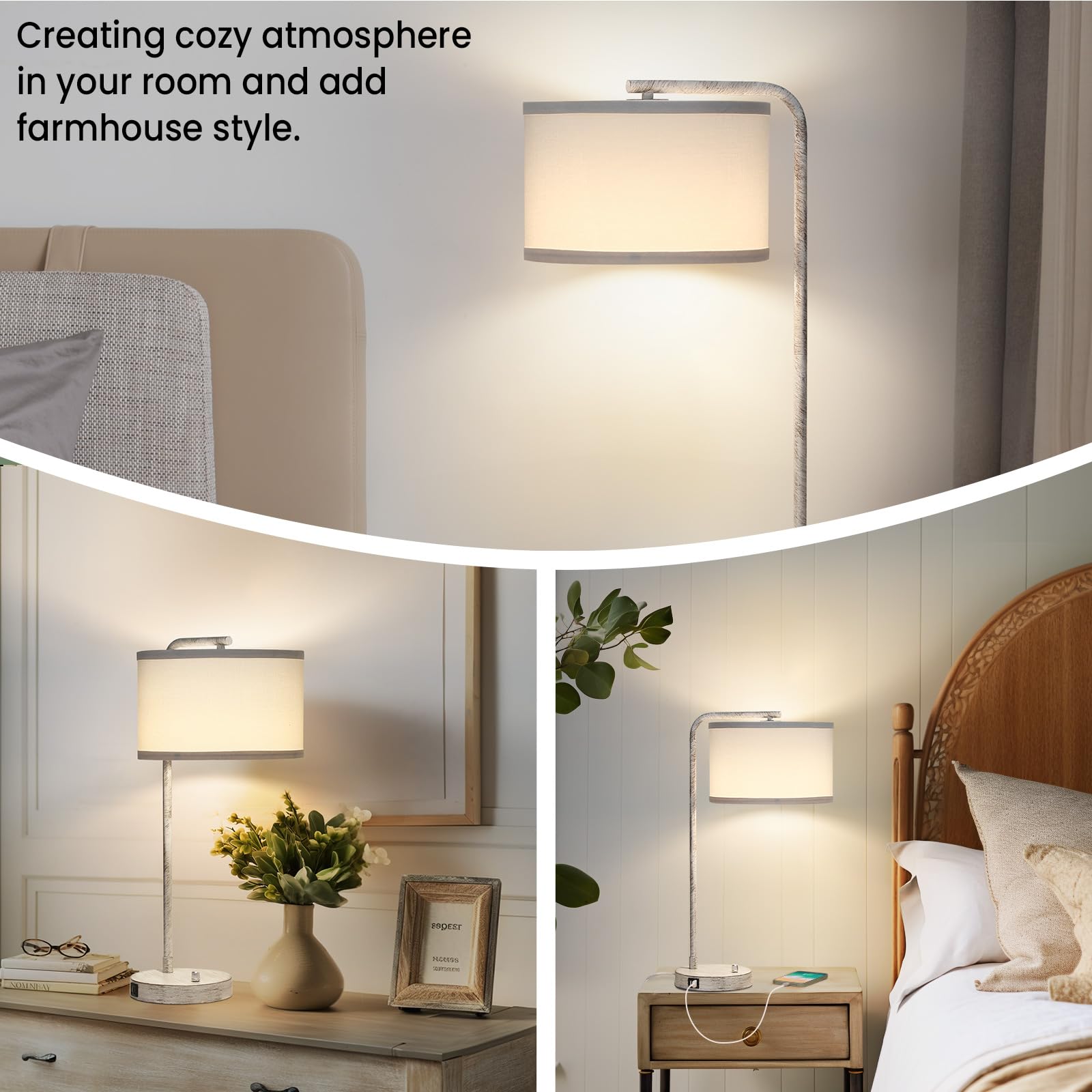 Table Lamp With Dual Usb Charging Ports, Fully Dimmable Farmhouse Bedside Lamp, Usb Nightstand Lamp With Brushed White Oak, Tall