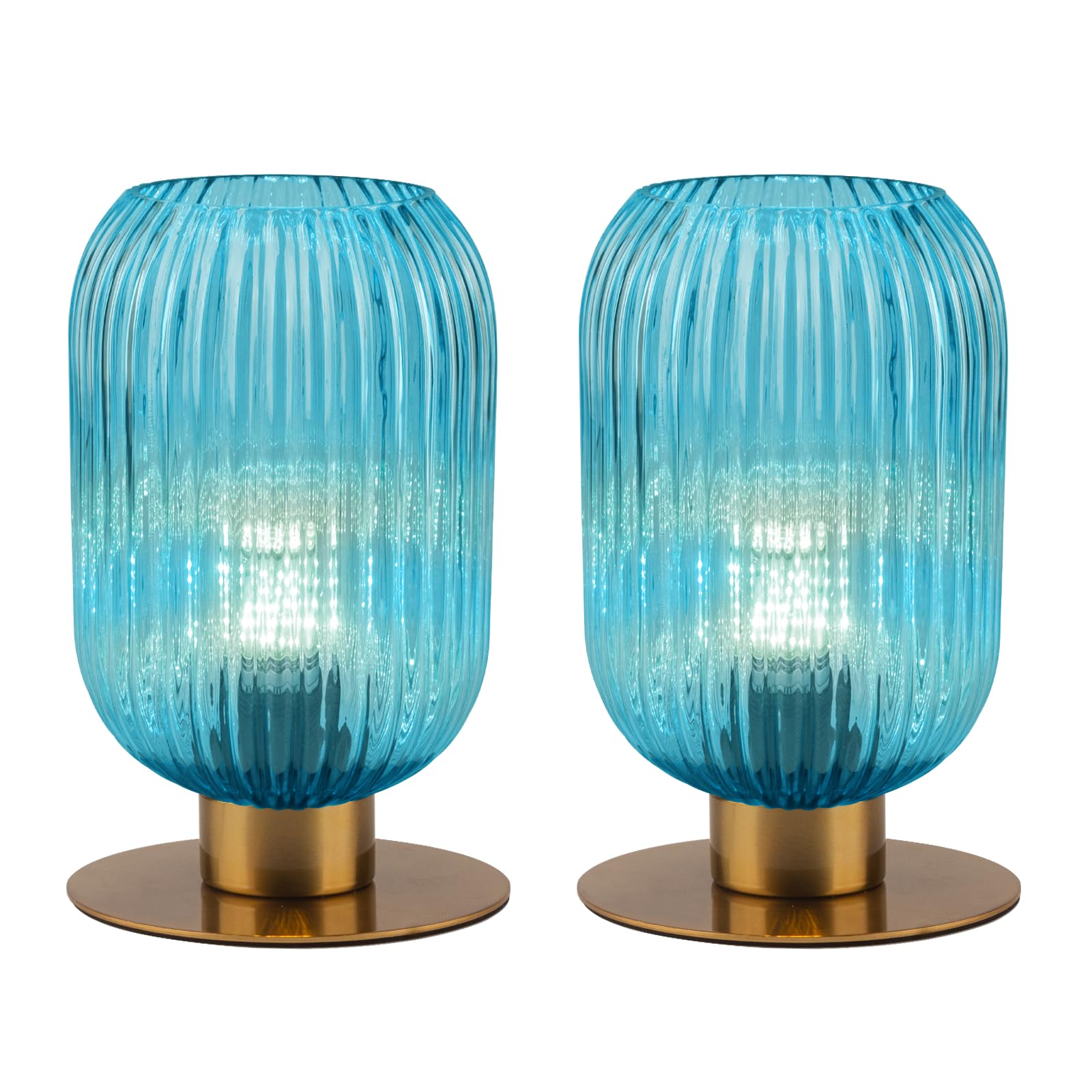 Soutas Nightstand Lamps Set of 2, Small Vintage Table Lamp with Gold Metal Base, Coastal Blue Glass Bedside Lamp Decorative Desk