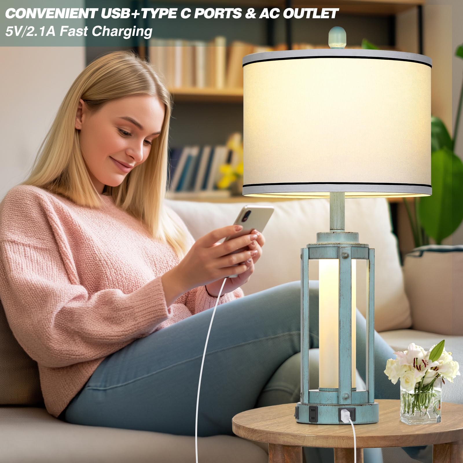 Farmhouse Lamps Set Of 2, 26'' Vintage Rustic Industrial Beside Lamps With Usb A+C Charging Ports & Ac Outlet, Nightstand Metal