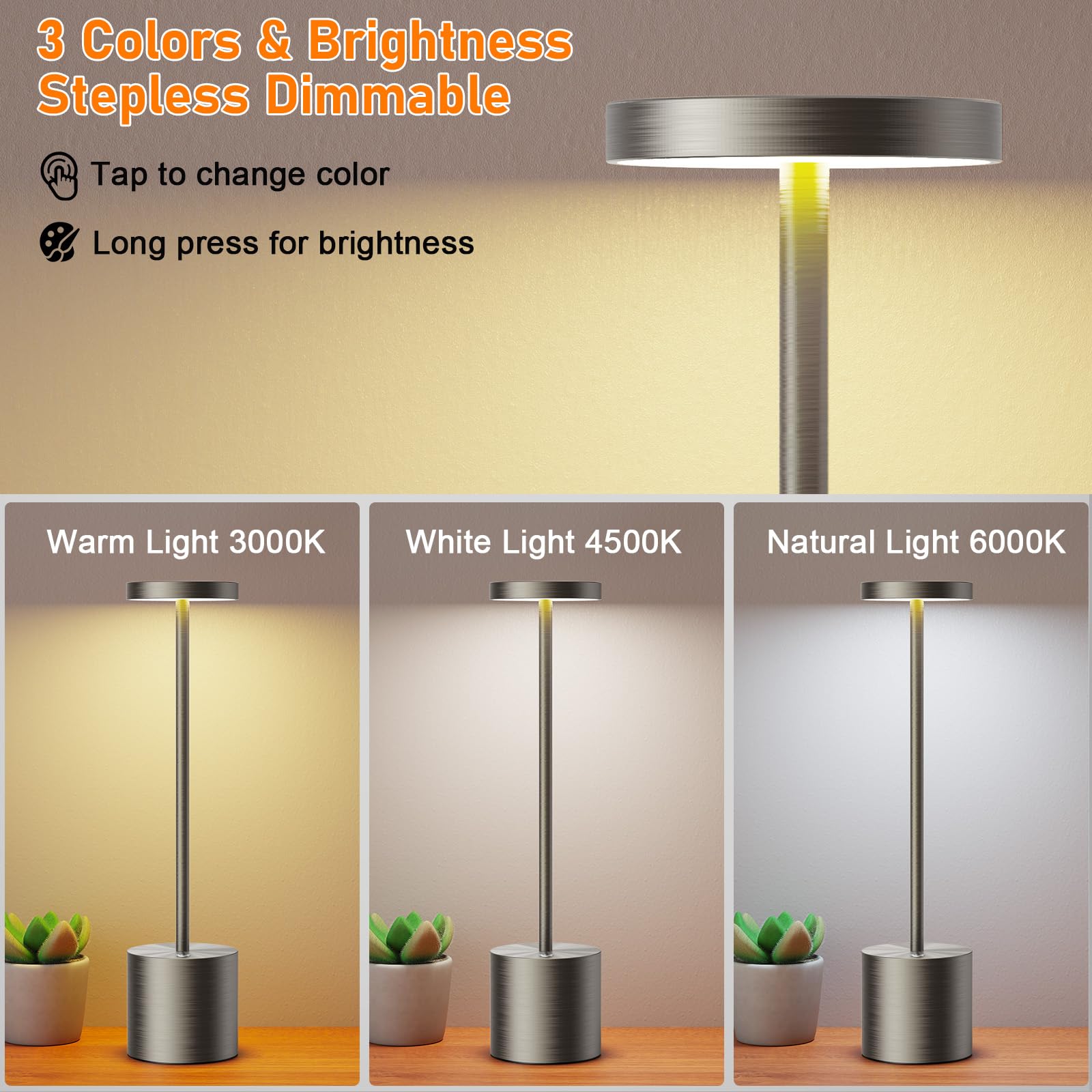 SAKRINGT Cordless Table Lamps - 6000mAh LED Light, Portable Battery Operated, 2 Pack Chromium, Model S801 New