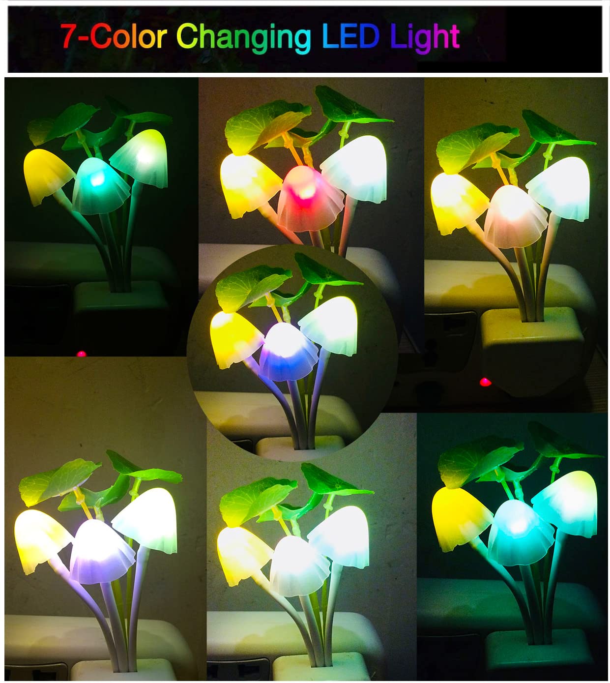 AUSAYE LED Night Light, Color Changing Mushroom Flower Lamp, 4 Pack, Plastic, Model 7082, for Bedroom, Bathroom, Kitchen, Stairs