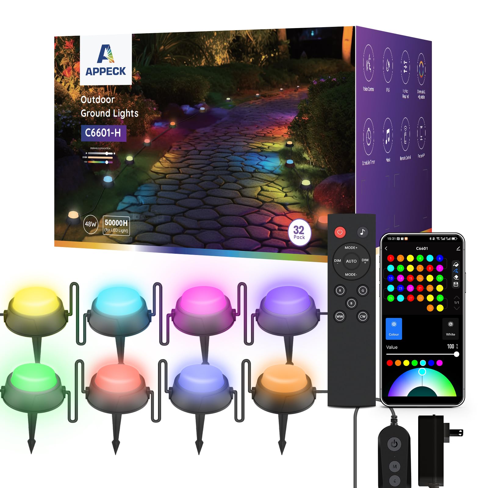 APPECK Outdoor Ground Lights 32 Pack, 100FT RGBW Color Changing Pathway Lights Wired, 2200K Warm White Smart Landscape Lighting,
