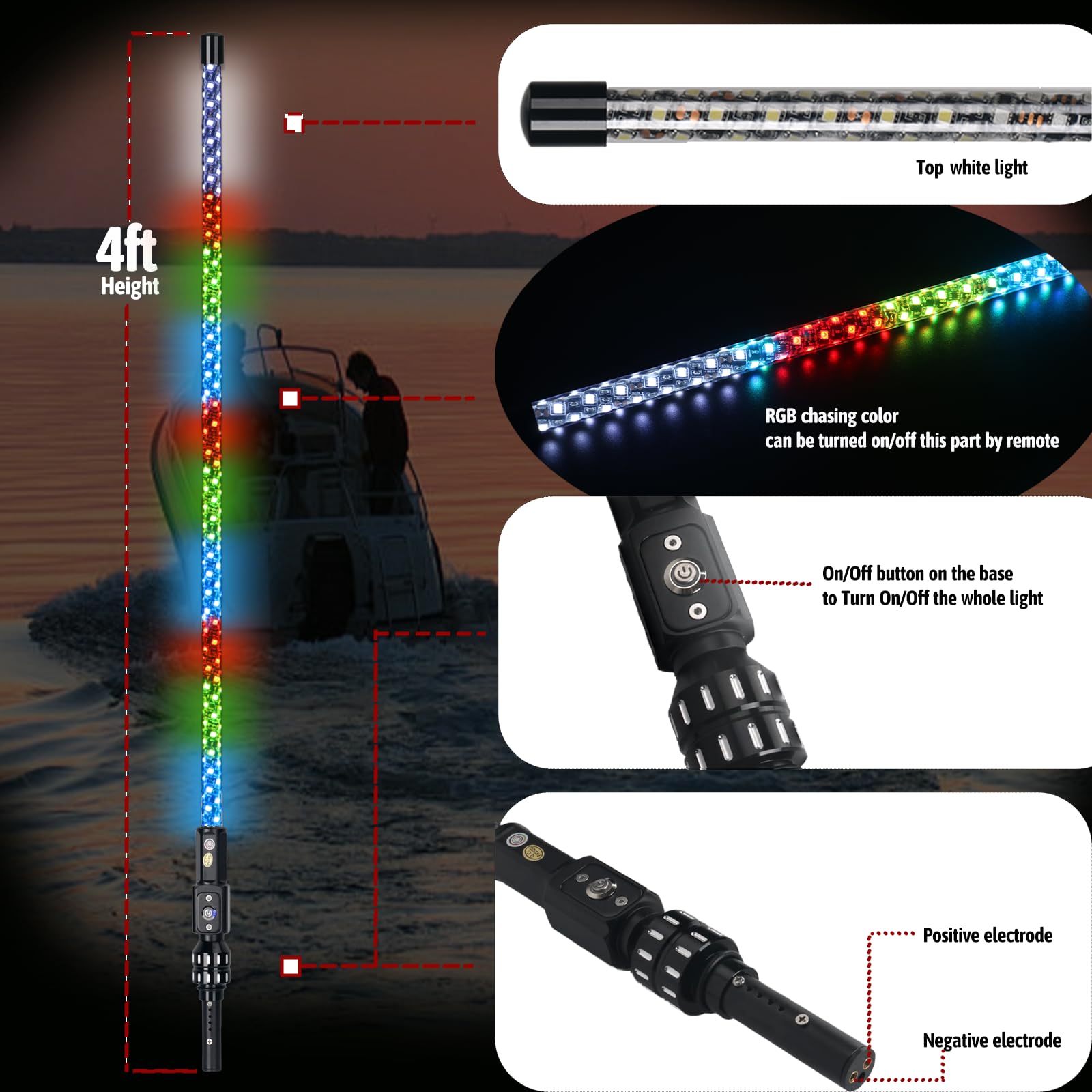 Hoffen 360° Boat Navigation Light - 2NM Coast Guard Compliant, 4FT, Multicolor, ABS, Model NL-04ft, Remote Control for Pontoon & RV