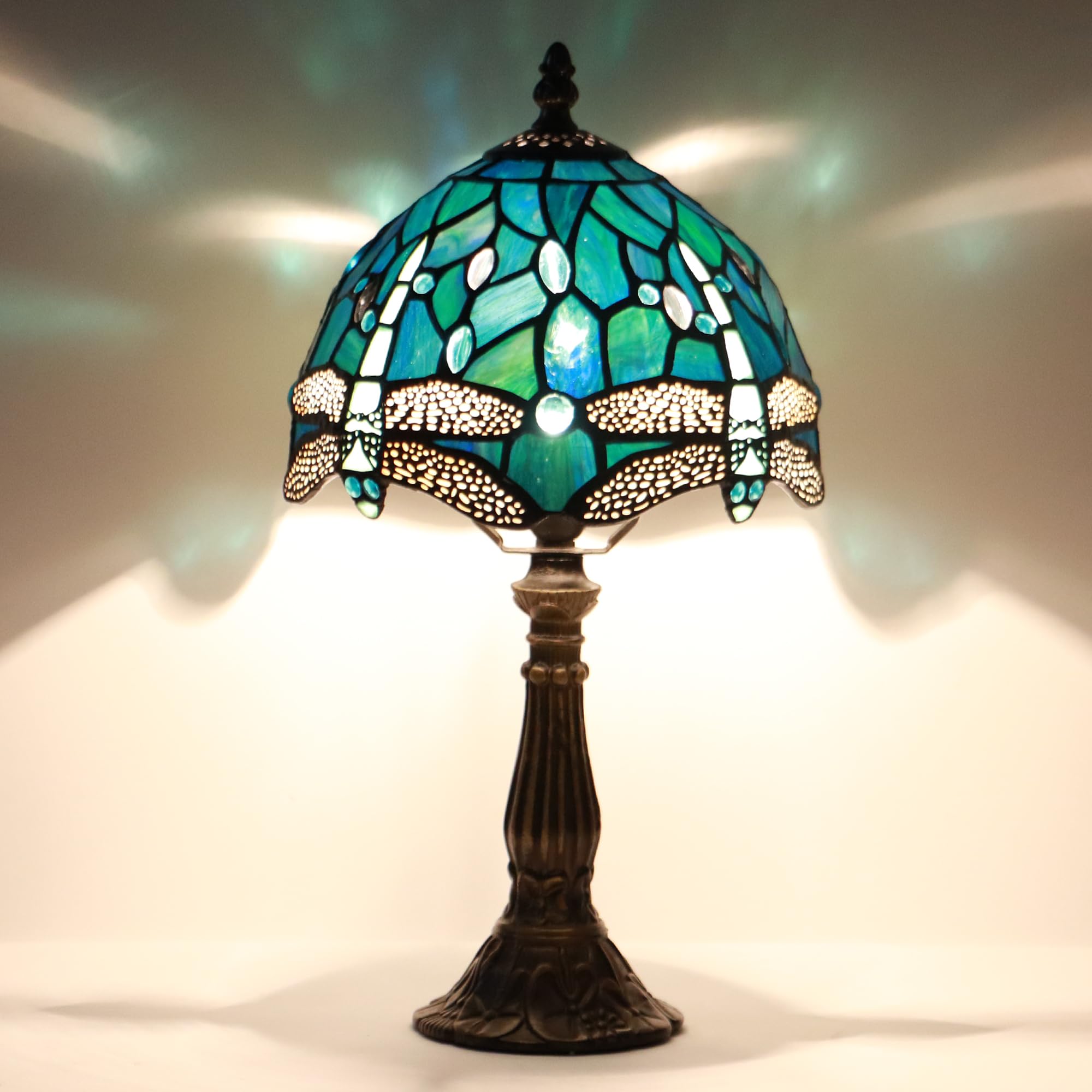 LXHCYOU Small Tiffany Lamp Mini Accent Table Lamp Stained Glass Desk Memory Lamp Sympathy 8X14.5 Inch (Sea Blue Dragonfly Style)