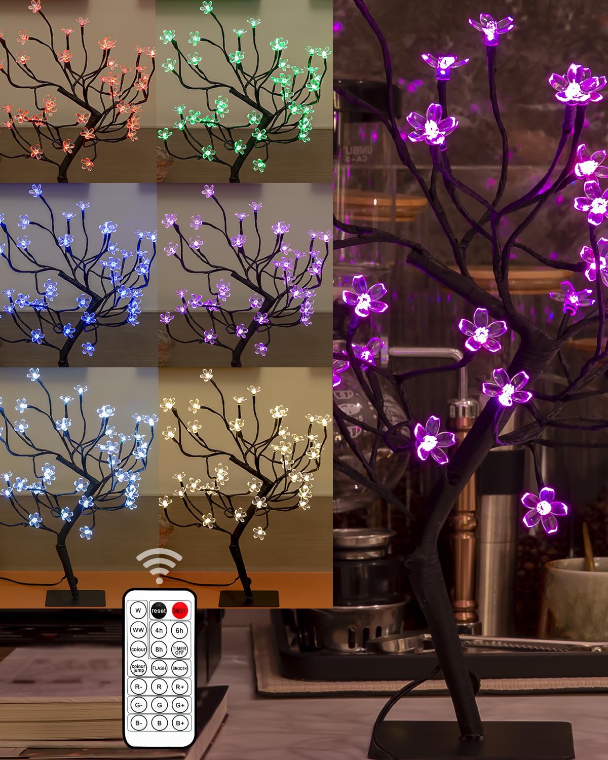 Tybeeu 20 Inch Cherry Blossom Bonsai Tree, Full-Color Diy Dimming And Mixing, With 24V Ul-Listed Adapter And Metal Base, Ideal As Night Lights, Rgb Color Changing Lights