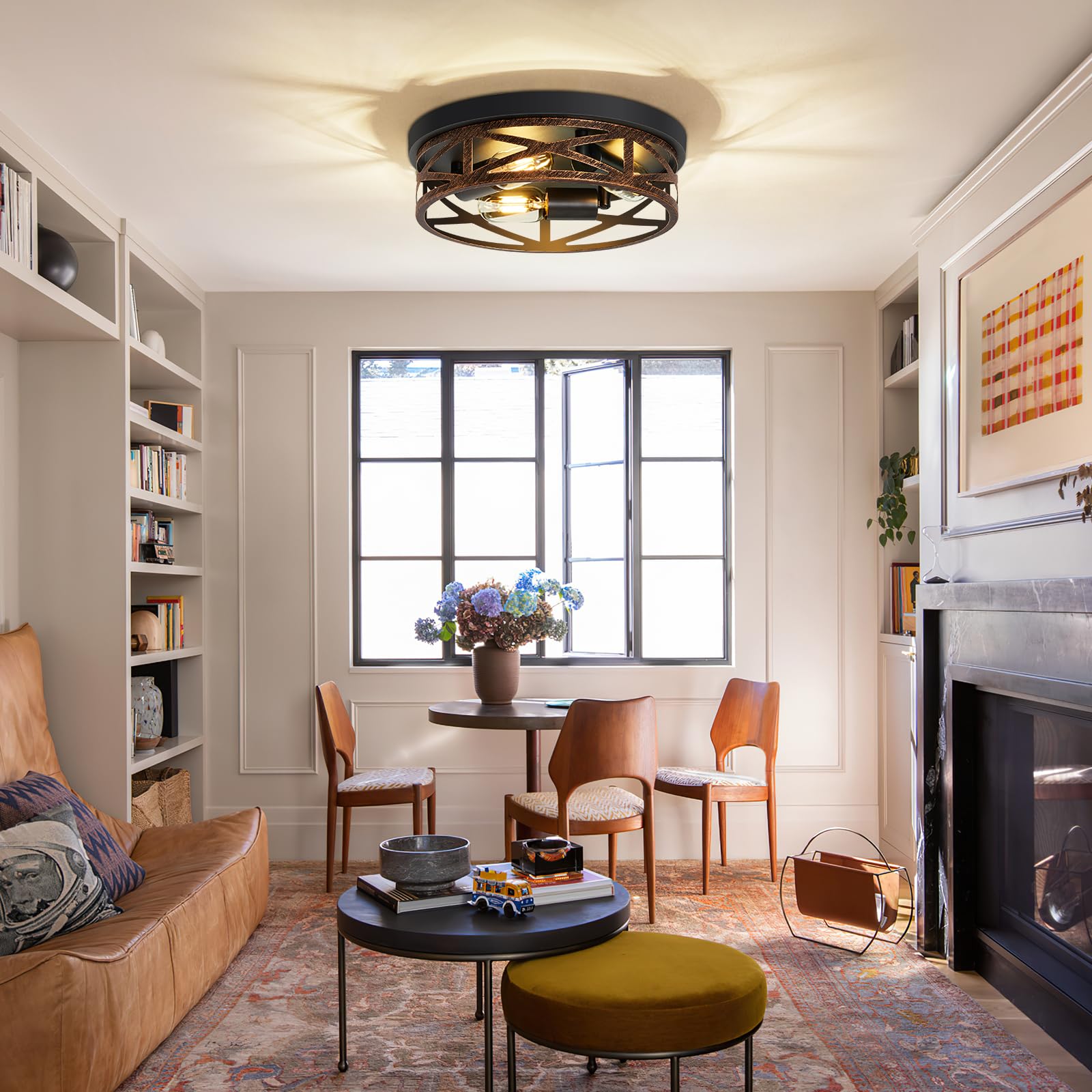 ZHU YAN Farmhouse Ceiling Light Fixture, 3-Light Flush Mount, Rustic Metal, 13in, Black, Model D0908