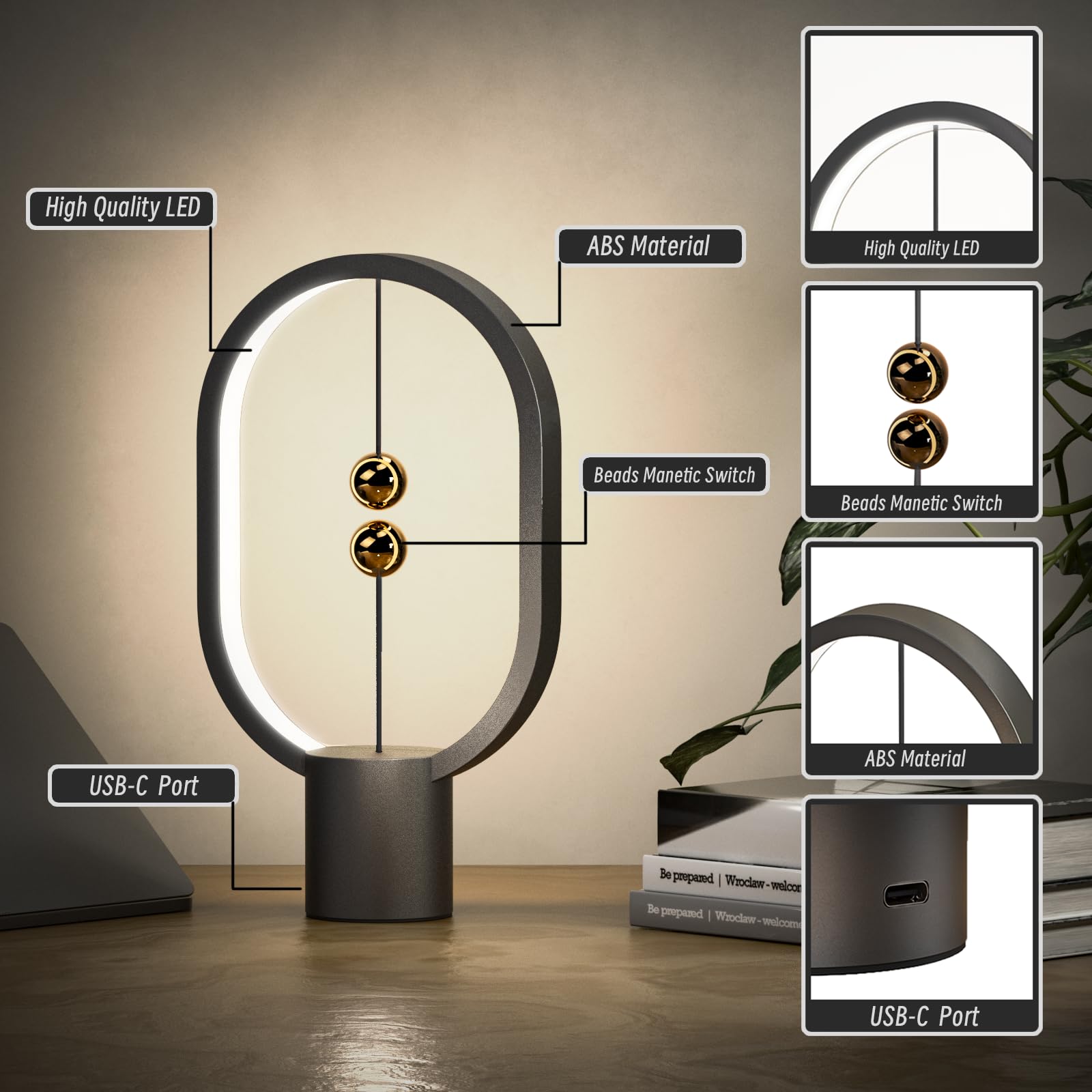 Xhope4U Small Table Lamp - Mini Balance Bedside Nightstand Plug In Night Light For Home, Office, College Dorm (Black)