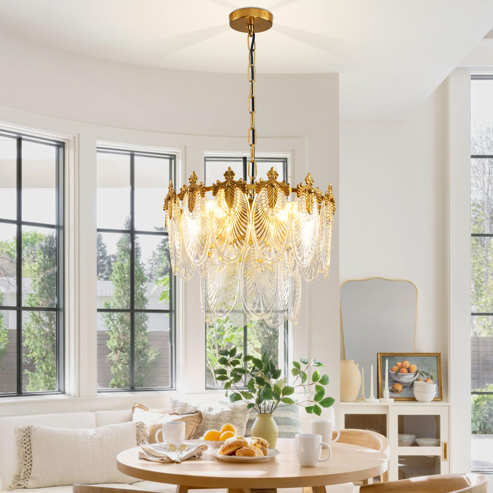 KELUOLY Antique 2-Layer Crystal Glass Chandelier, 4-Lights Round Pendant, 17.7" Brushed Brass Gold, Adjustable Height, Ideal for Home Decor