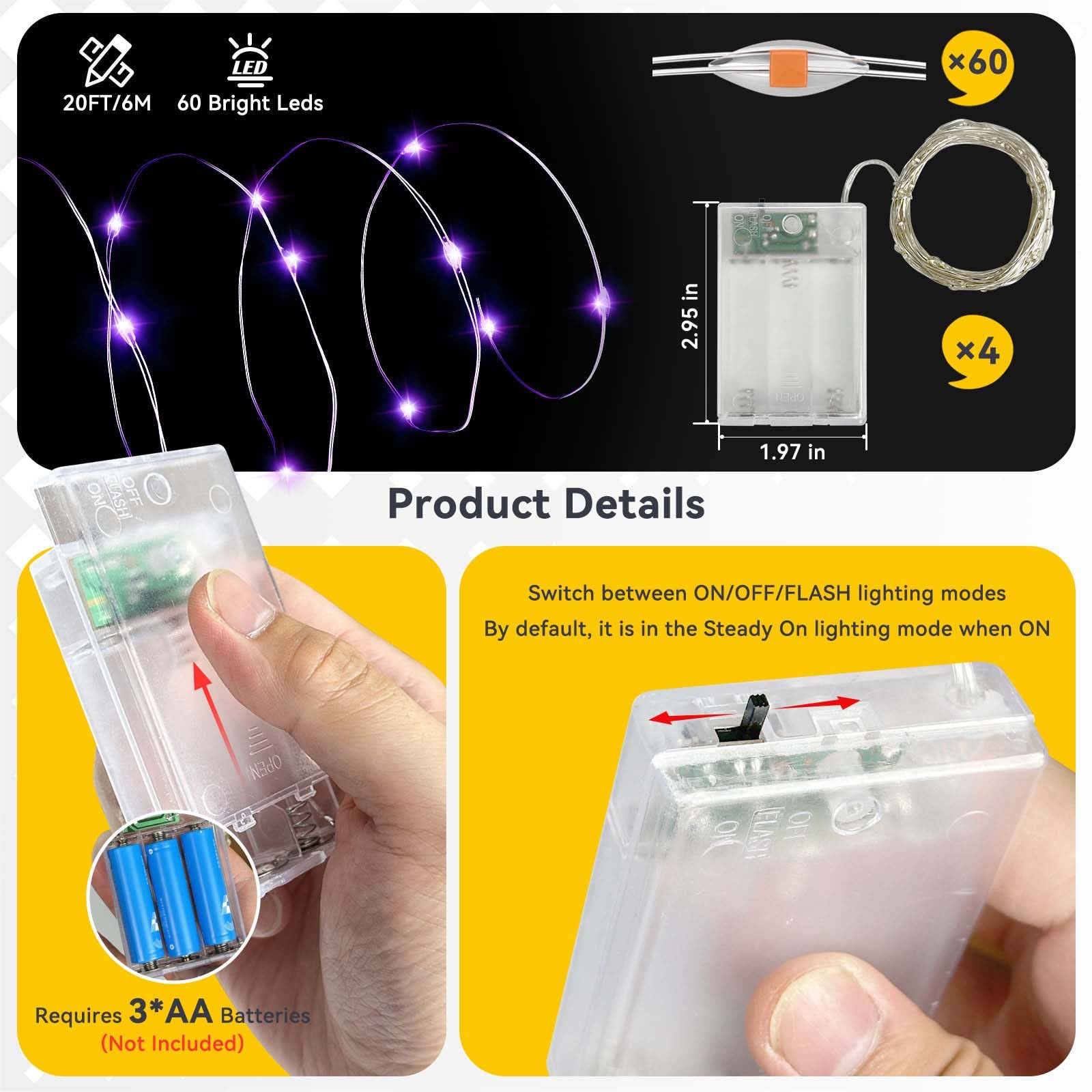 LitHome 4 Pack 240LED Battery Operated Fairy Lights - 20FT Twinkle Lights, Waterproof, Indoor/Outdoor, Purple